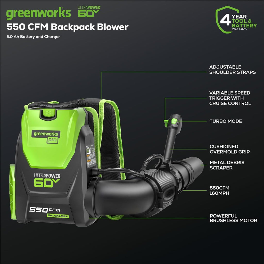 Greenworks 60V 550 CFM Brushless Backpack Blower, 5.0Ah Battery and 6A Charger