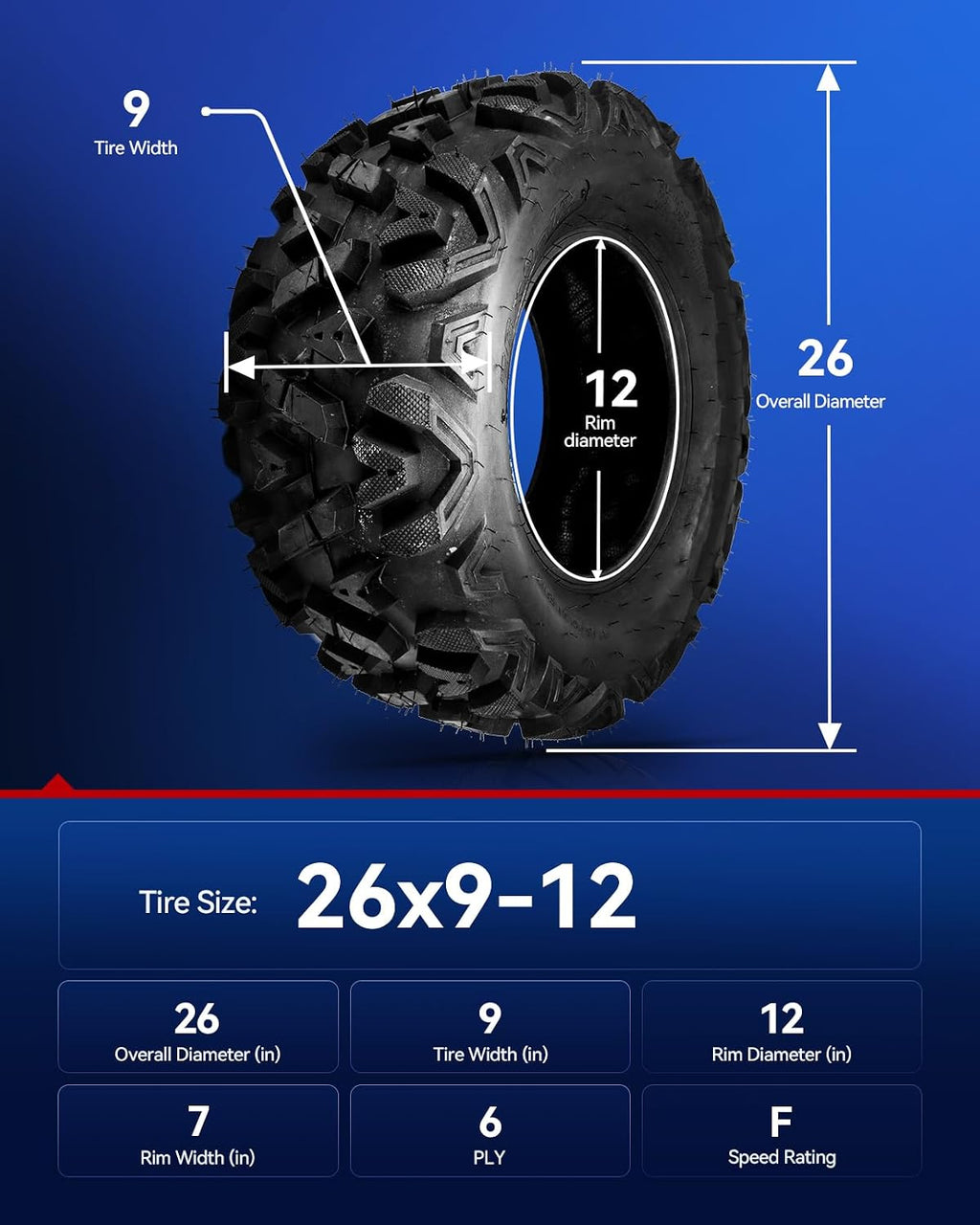 KAX 26x9-12 ATV UTV 26x9x12 ATV Mud All Terrain Tire 6PLY,Go Kart Tubeless Tire,Four Wheeler SET of 2