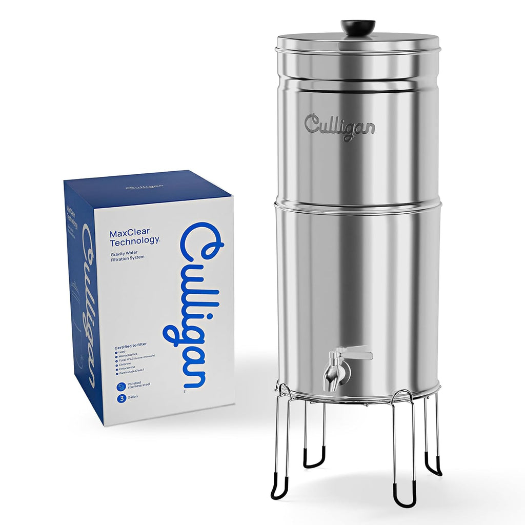 Culligan MaxClear 3 Gallon Gravity Water Filter System Removes Microplastics, PFAS & Lead, NSF/ANSI Certified, Polished Stainless-Steel Countertop Filter with 3 Ceramic Filters