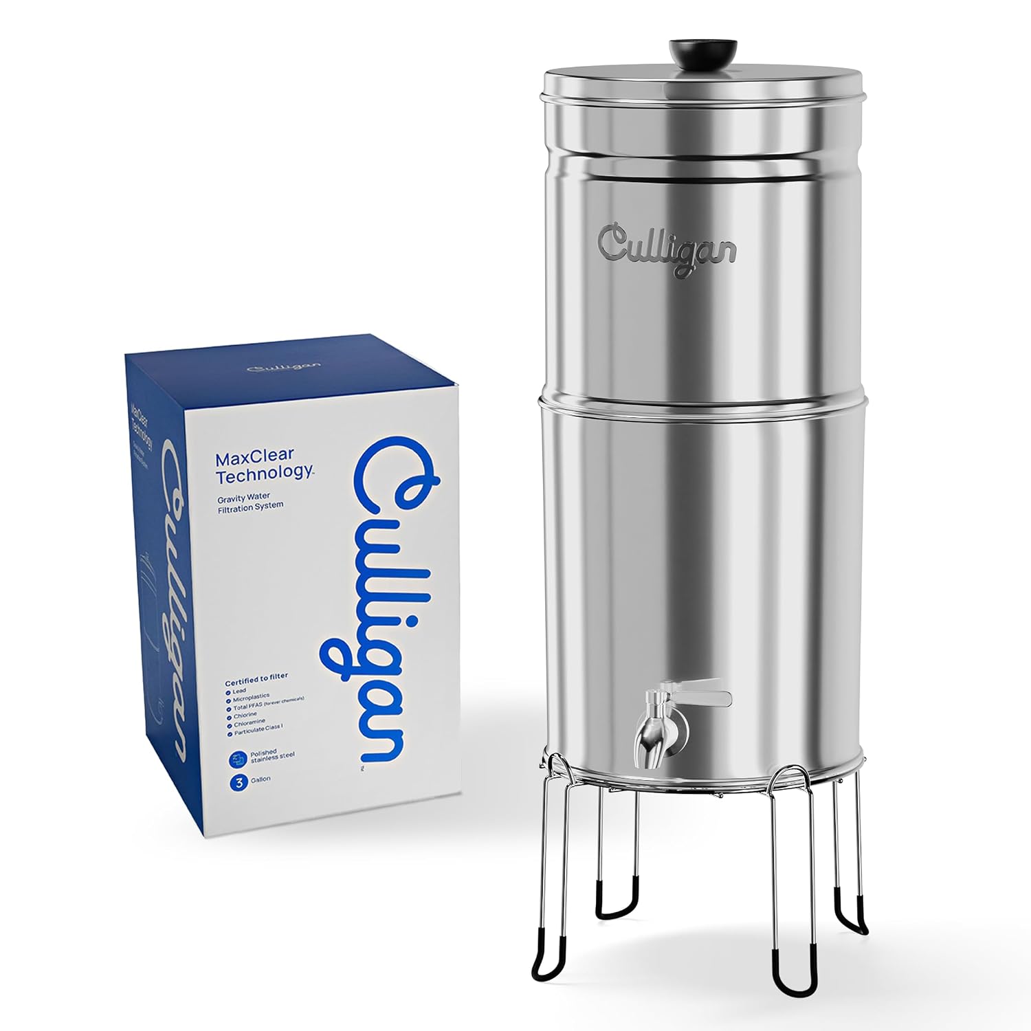Culligan MaxClear 3 Gallon Gravity Water Filter System Removes Microplastics, PFAS & Lead, NSF/ANSI Certified, Polished Stainless-Steel Countertop Filter with 3 Ceramic Filters