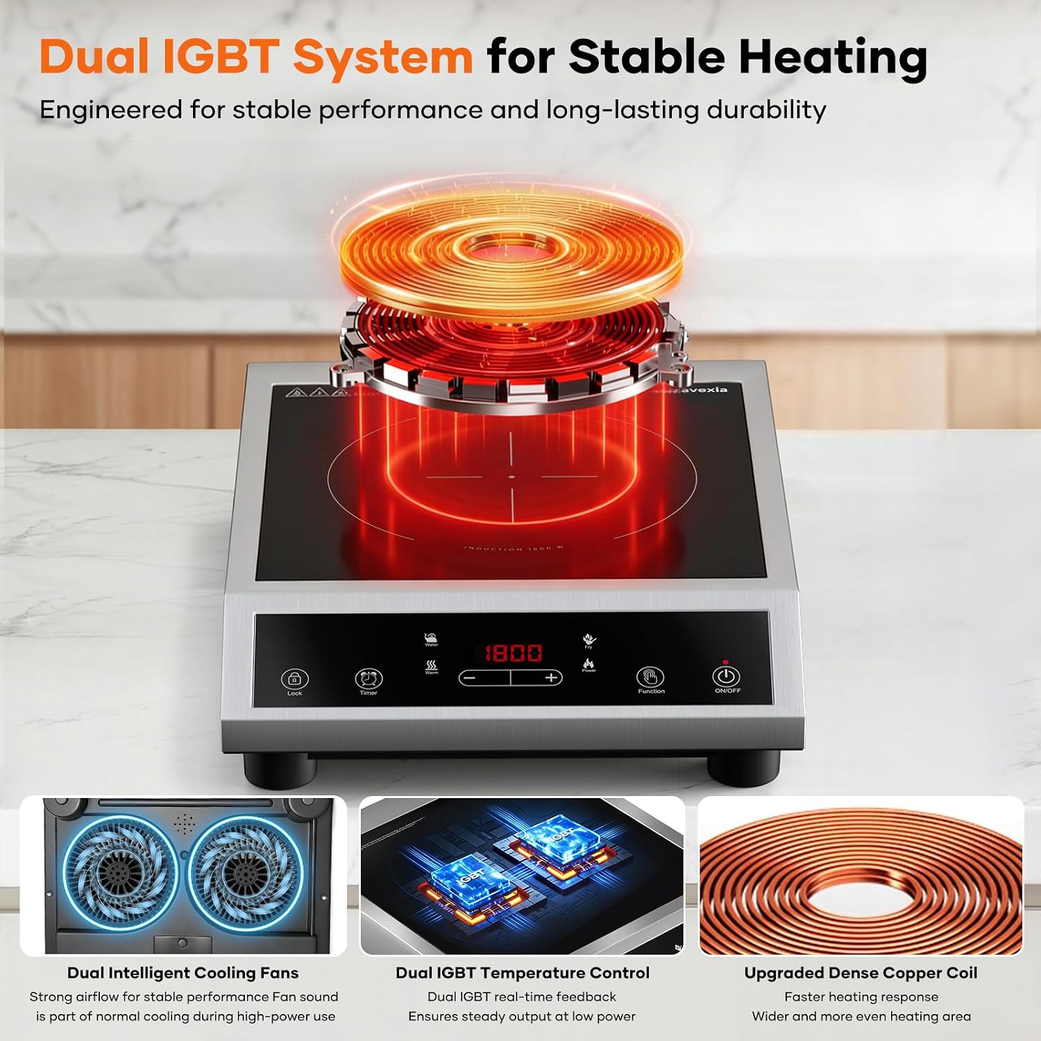 Portable Induction Cooktop 1800W, Single Burner Induction Cooker with Touch Control, Low Power Continuous Heating, Dual IGBT System, Dual Cooling Fans, Timer, Safety Lock, 110-120V