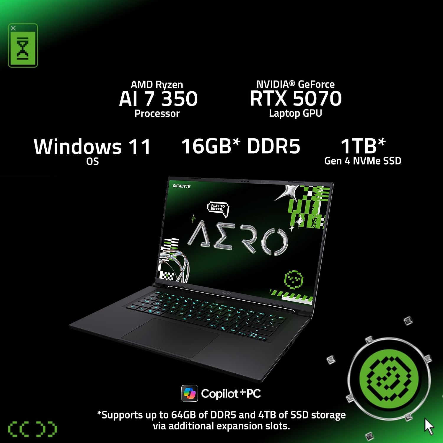 GIGABYTE AERO X16, Copilot+ PC - 165Hz 2560x1600 WQXGA - Manufactured by NVIDIA GeForce RTX 5070 - AMD Ryzen AI 7 350-1TB SSD with 16GB DDR5 RAM - Windows 11 Home - Space Gray - 1WH93USC94AH