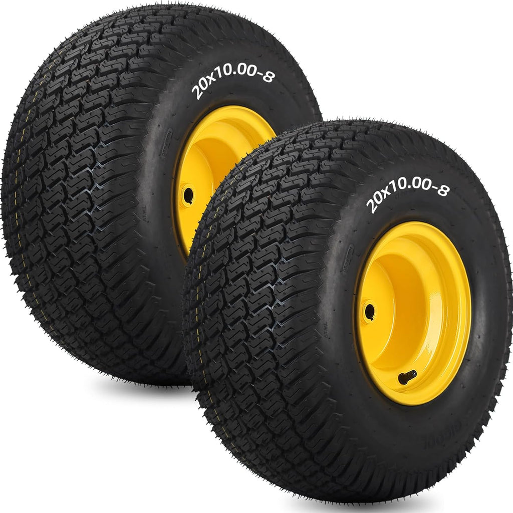 GICOOL 20x10.00-8 Lawn Mower Tire and Wheel, 3/4' Borehole, and 3/16' Keyway, 3.5' Offset Hub, 4 Ply Tubeless Tire, Replacement 20x10-8nhs Riding Lawn Mower and Tractor Rear Tire and Wheel Assemblies
