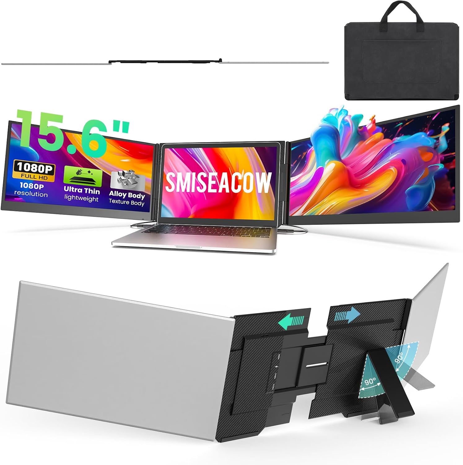 SMISEACOW Triple Laptop Screen Extender 15.6', 1080P FHD IPS 0.18' Ultra-Slim & 3.9 lbs, Plug-Play Portable Triple Monitor for Laptops Fits 13-17.3' Laptops, Compatible with Win/Mac/Android