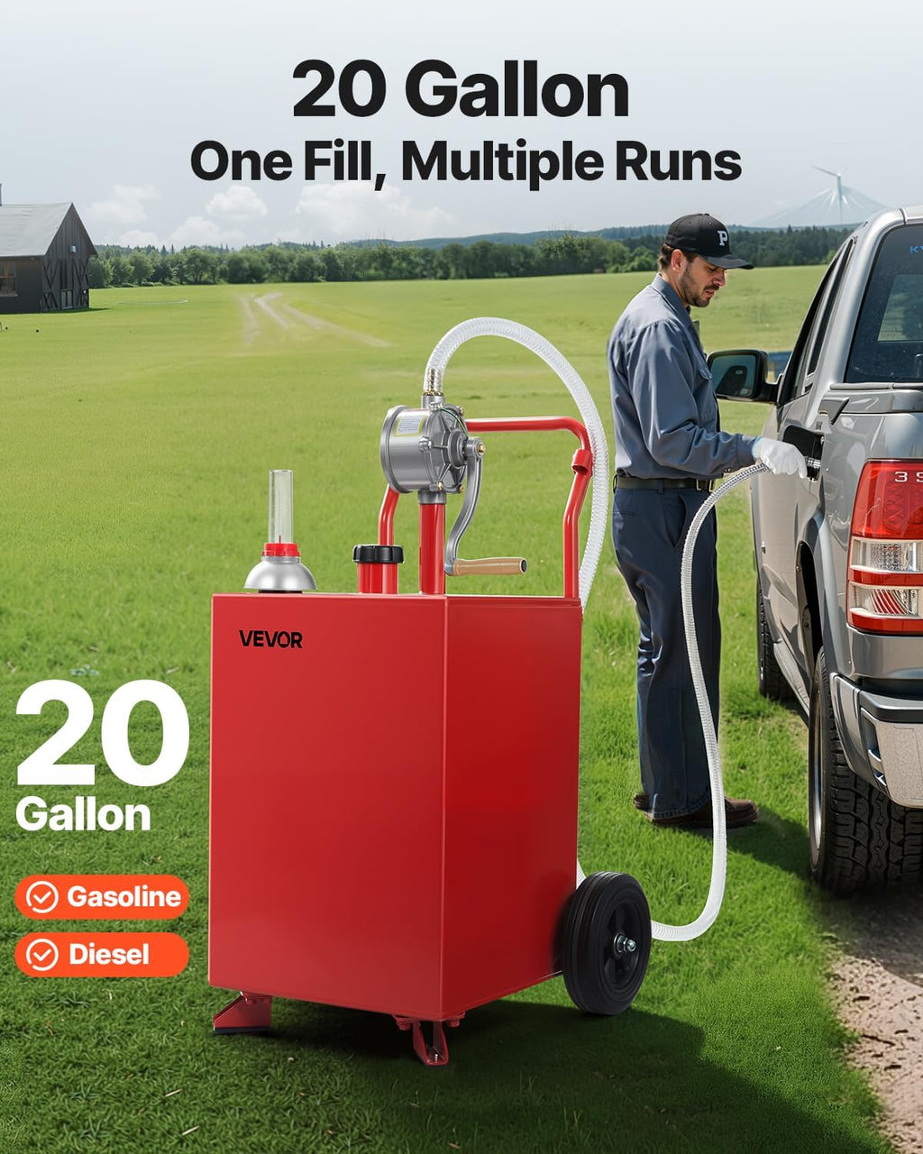 VEVOR 20 Gallon Transfer Tank, Diesel Tank with Manual Transfer Pump, Diesel Storage Tank with 2 Wheels & 10 ft Hose, Transfer Container for Cars, Lawn Mowers, ATVs, Boats, More, Red