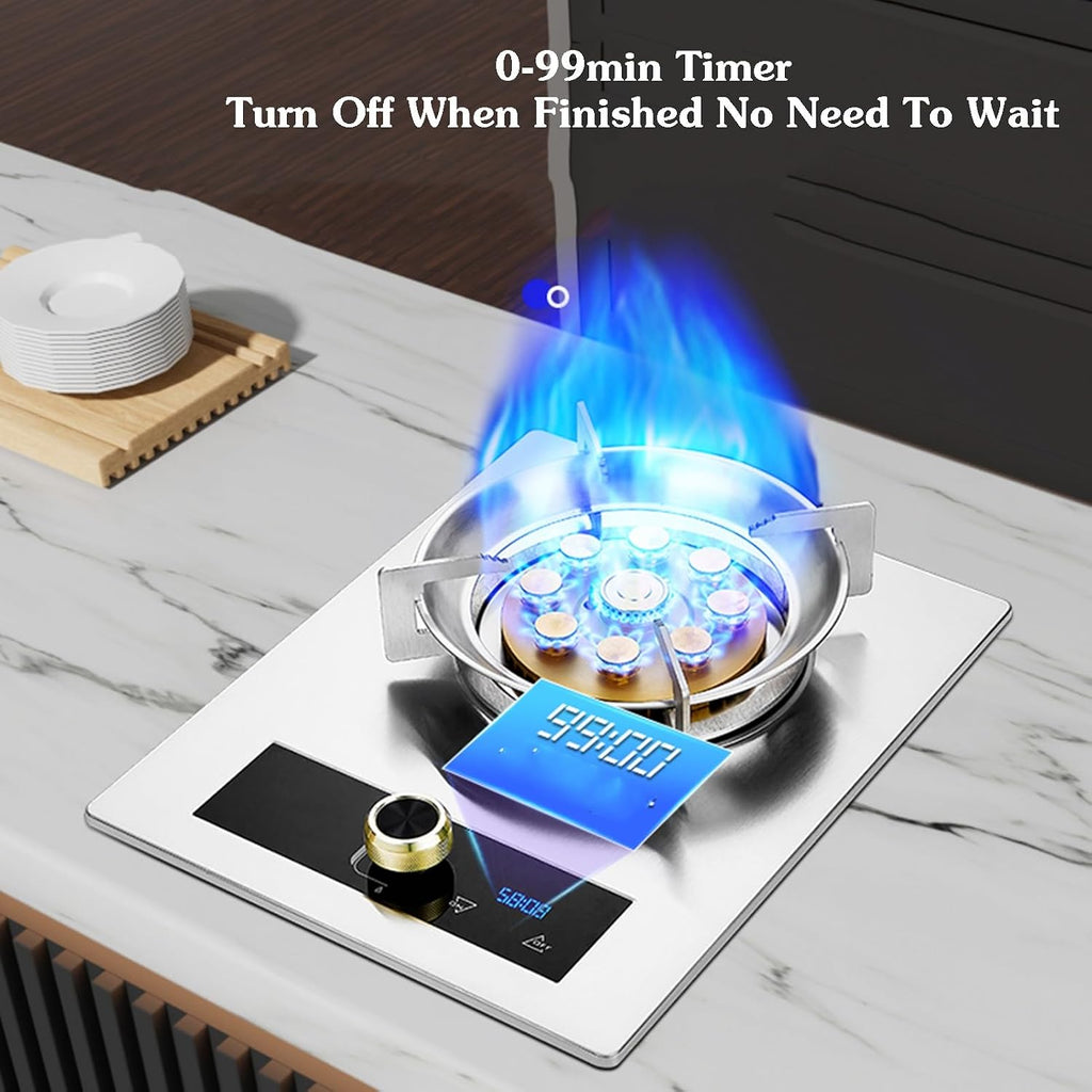 Gas Stove 1 Burner,5.2kw 9-Cavity High Fire Timer,Tempered Glass Countertop,NG/LPG Gas Source Kit,with Flameout Protection,for Caravan Camping(NG)
