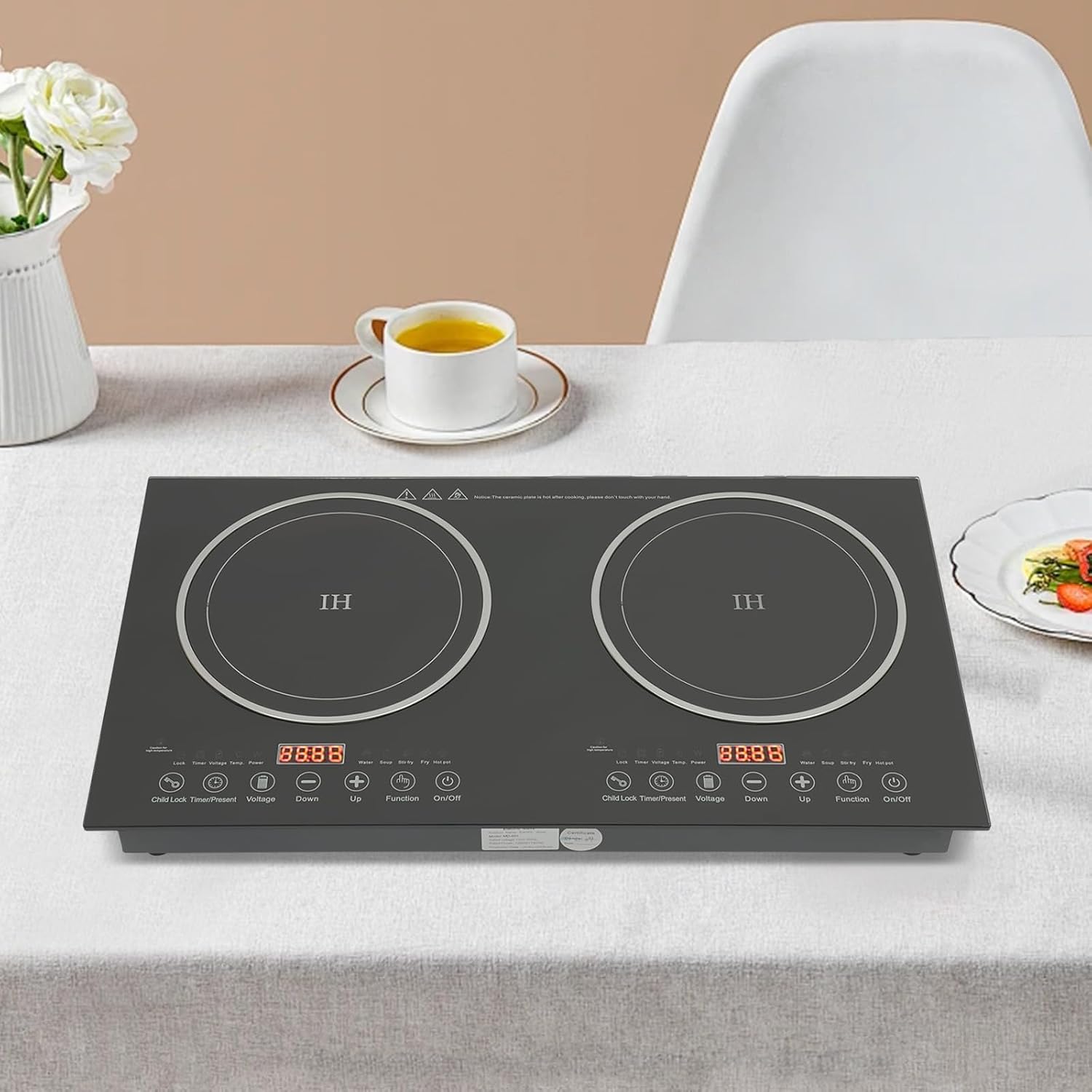 Portable Induction Cooker Cooktop Countertop Double Burner Independent Control, 1200W+1200W Low Noise Electric Cooktops 110V Induction Cooker Heater with 8 Gear Firepower for Kitchen Cooking