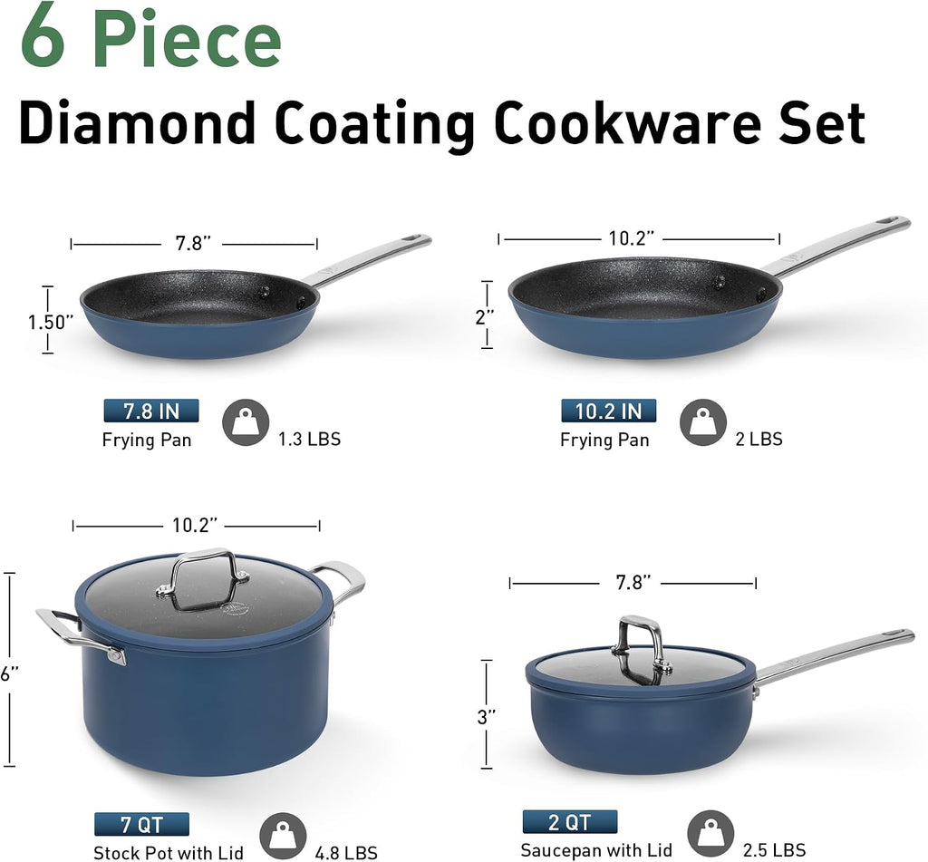Kitchen Academy Plasma Titanium Ceramic Nonstick Cookware Set - 6 Piece Induction Pots and Pans Set Non Stick, Blue Healthy Non Toxic Cooking Ware Set with Scratch Defense Technology, PFOA&PFOS Free