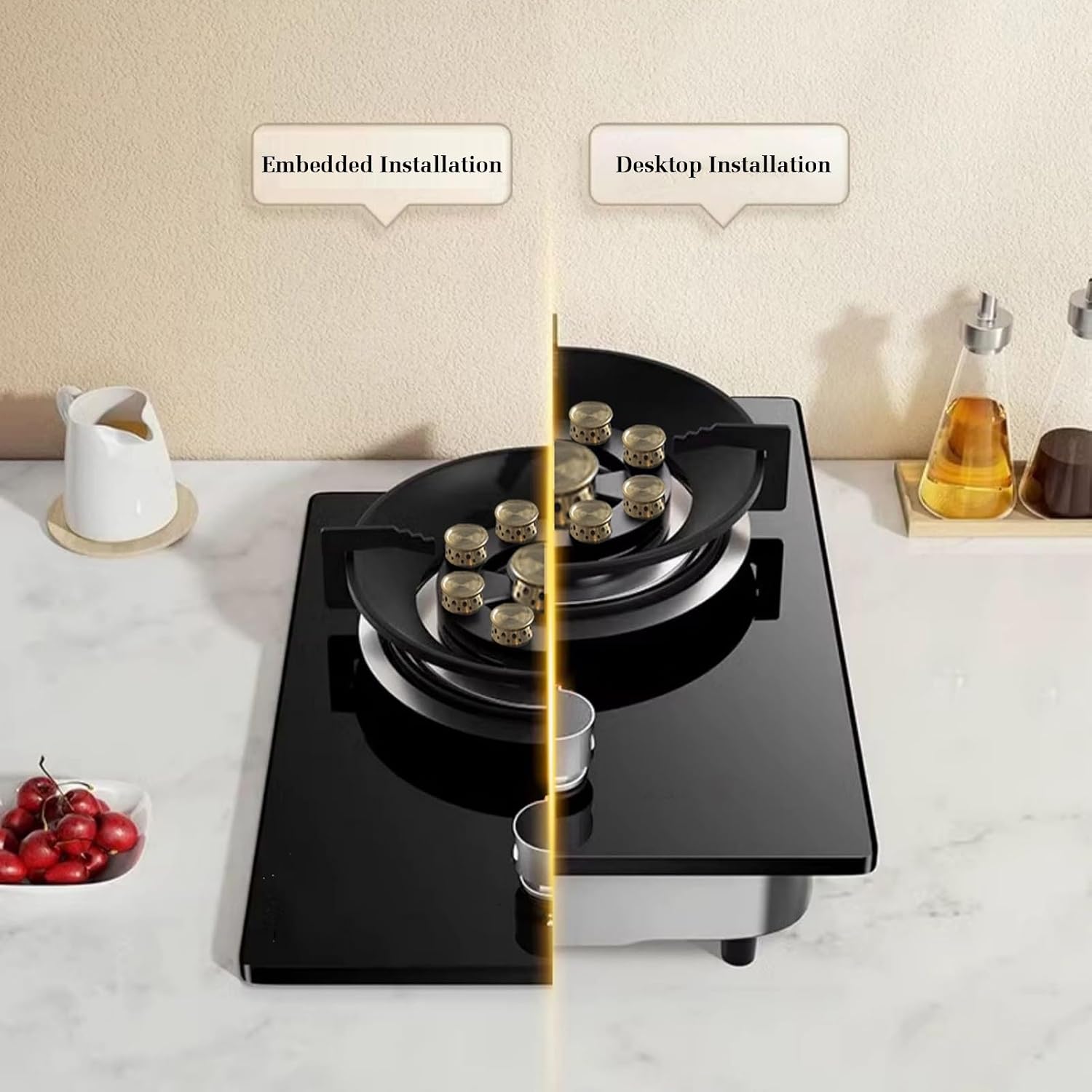 Gas Cooker 1 Burner,Countertop Stove 5.0KW Nine-Chamber Fire Ring Frying Pan,Accidental Flameout Protection Device,NG/LPG Gas Conversion(NG)