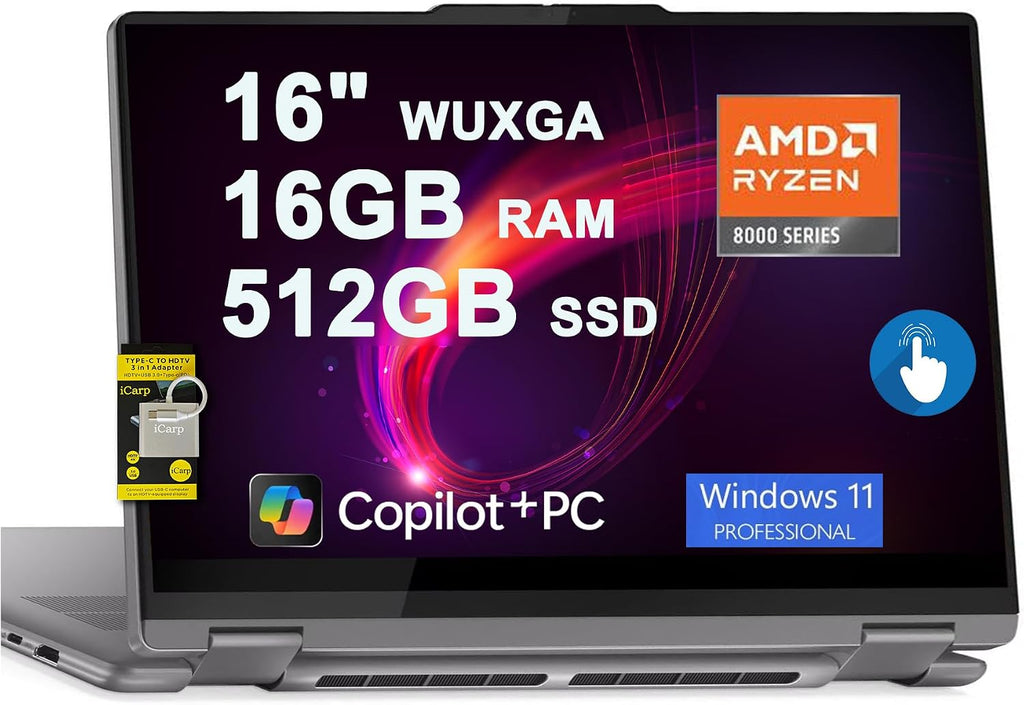 Lenovo Yoga 7 2-in-1 Laptop 16' WUXGA IPS Touch AMD 8-core Ryzen 7 8840HS (>i7-12700H) 16GB RAM 512GB SSD for Creator Designer Business Professional Win11Pro ICP Hub PC