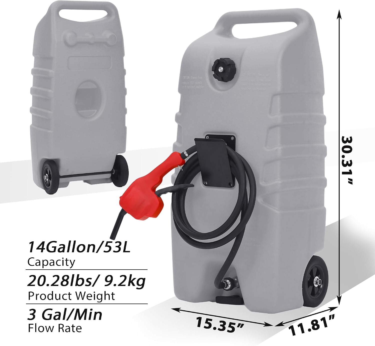 Garvee 15 gal Gas Can, Fuel Caddy with Pump, Fuel Transfer Tanks with 10 ft Delivery Hose Diesel Fuel Can for Cars, Lawn Mowers, Boats,Medium, Gray