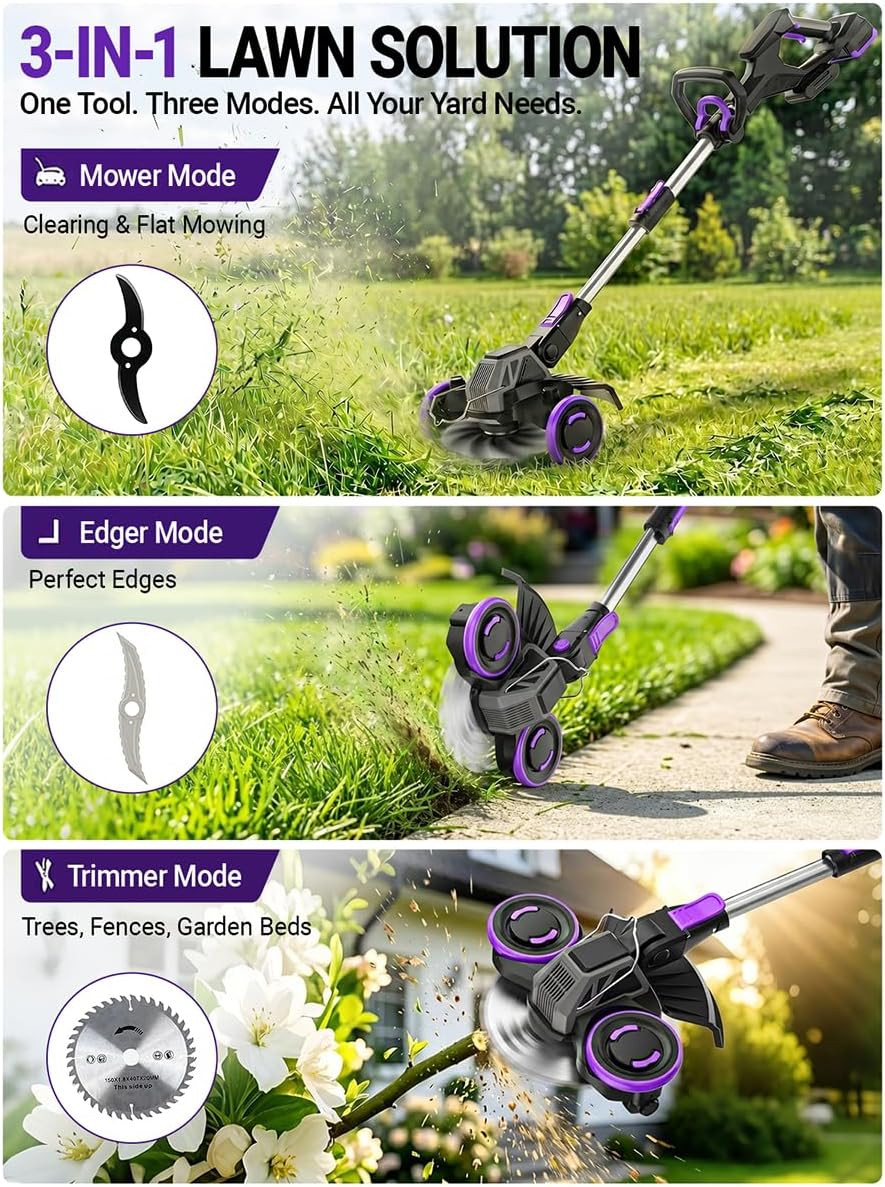 Cordless Weed Wacker, 20V 5.2Ah Battery Powered with Metal Blade, Edger/Mower/Cutter 3 in 1, Runtime 30mins (One Battery and Charger)