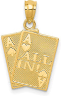 14k Yellow Gold Double Aces Poker Card Pendant, All In Casino Charm | 22 x 14 mm, polished textured finish, solid cast, ace cards theme