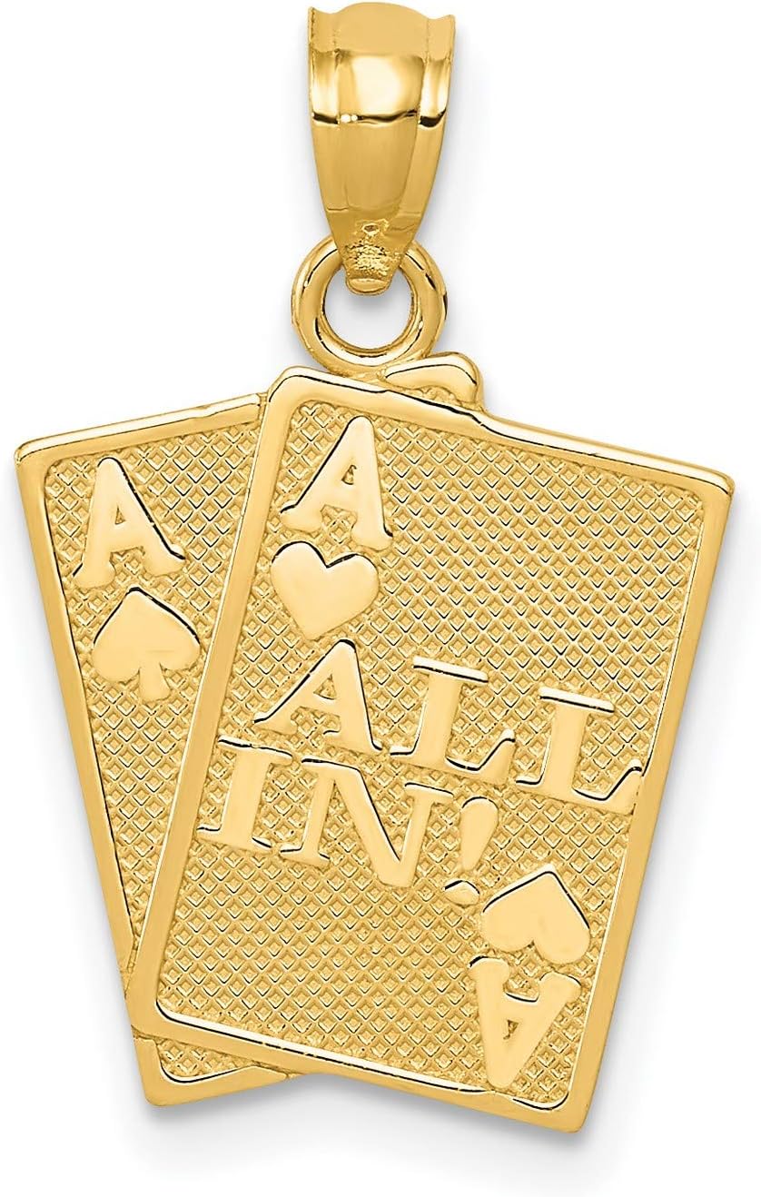 14k Yellow Gold Double Aces Poker Card Pendant, All In Casino Charm | 22 x 14 mm, polished textured finish, solid cast, ace cards theme