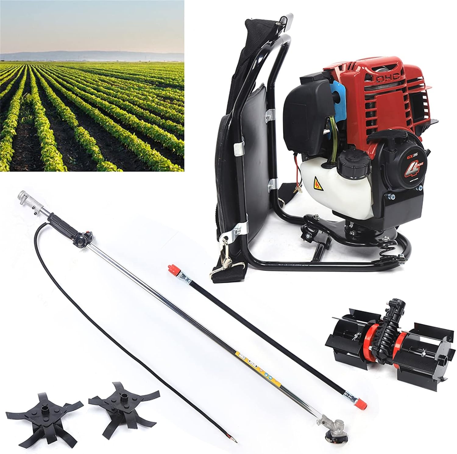 Backpack Gas Garden Brush Cutter Tiller, 3 in 1 35.4CC 4 Stroke Lawn Mower Brush Cutter Grass Hedge Trimmer, Cultivator Lawn Mower for Farmland Weeding Harvesting Clearing Ditching (4-stroke)