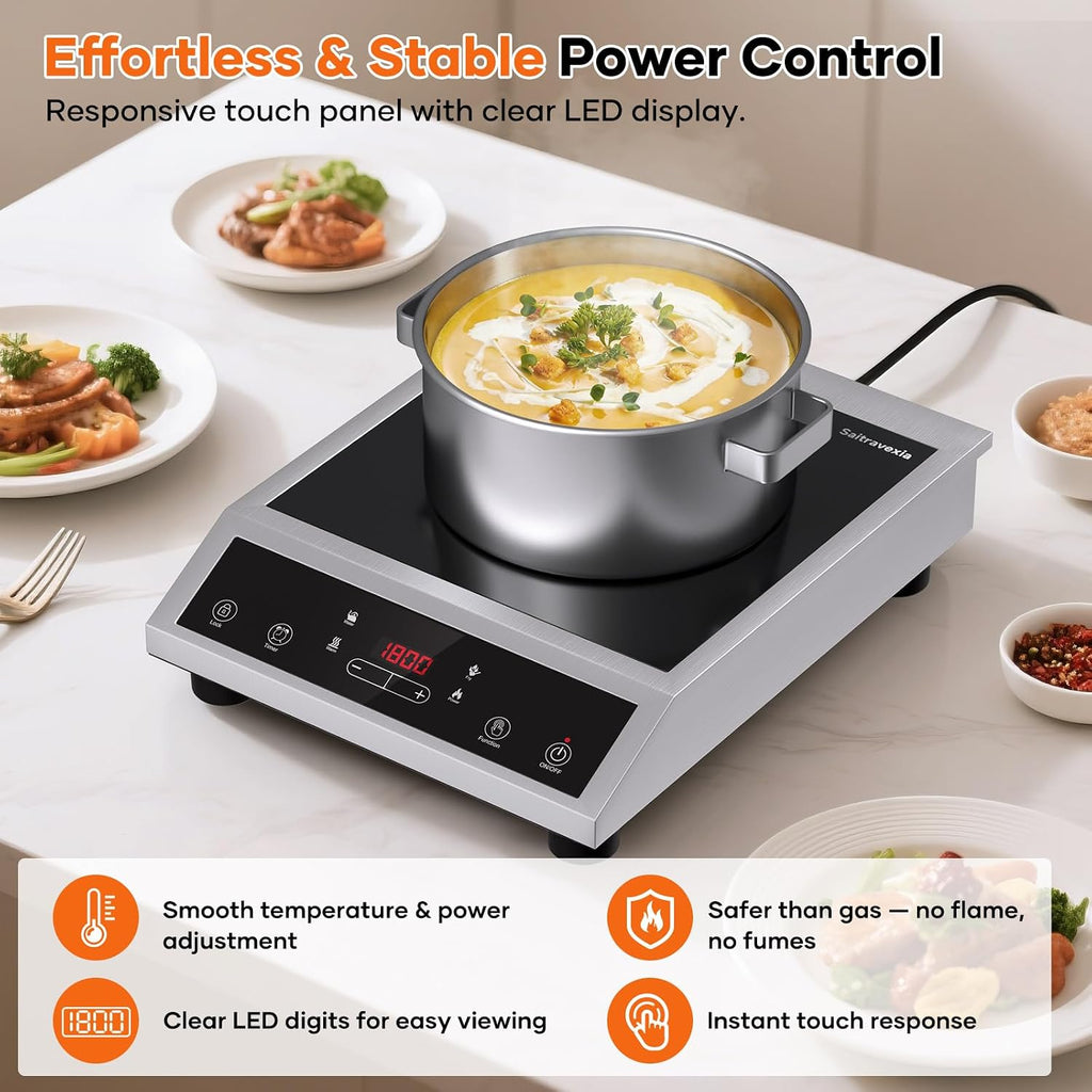 Portable Induction Cooktop 1800W, Single Burner Induction Cooker with Touch Control, Low Power Continuous Heating, Dual IGBT System, Dual Cooling Fans, Timer, Safety Lock, 110-120V