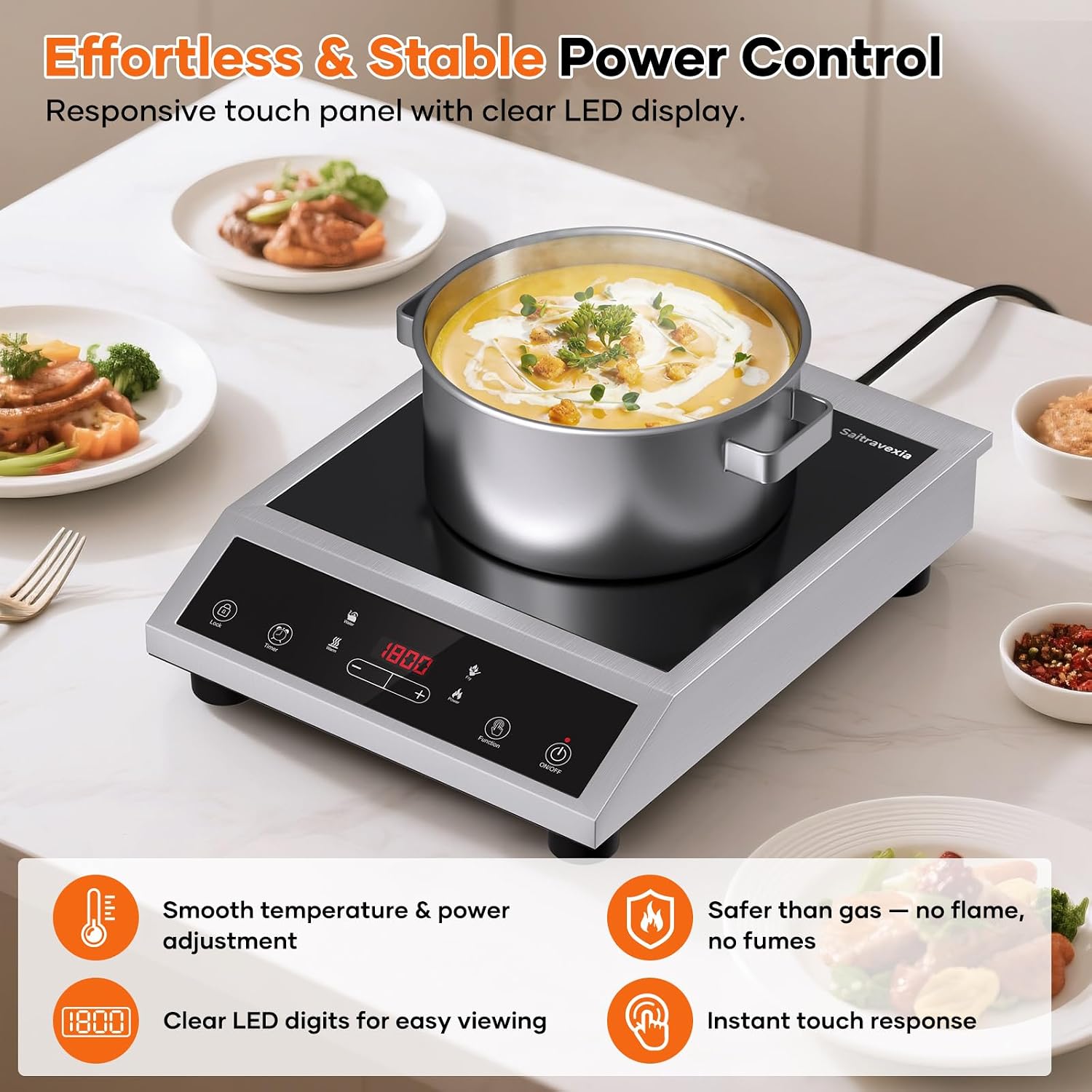 Portable Induction Cooktop 1800W, Single Burner Induction Cooker with Touch Control, Low Power Continuous Heating, Dual IGBT System, Dual Cooling Fans, Timer, Safety Lock, 110-120V