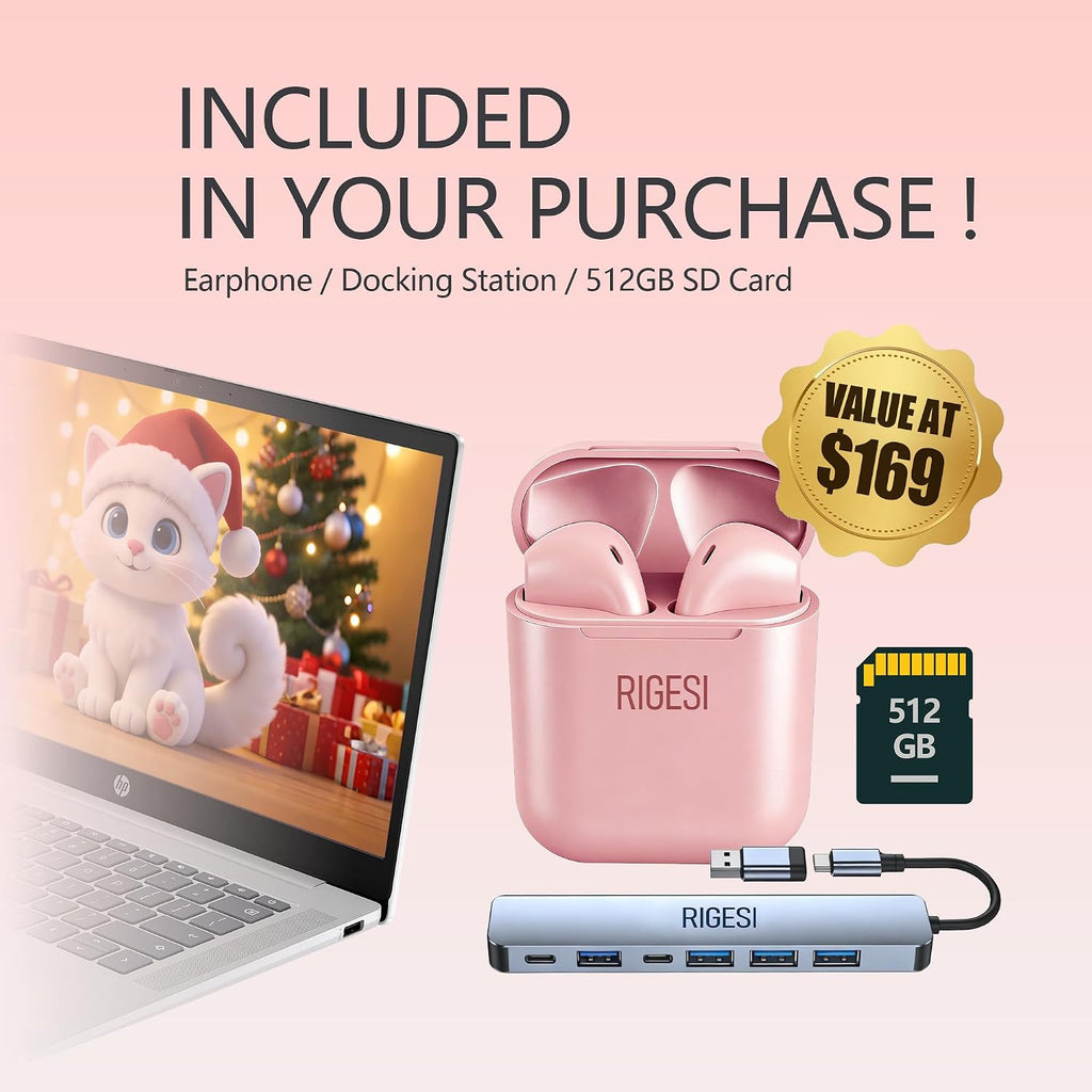 HP Business & Education Chromebook – Cloud-First Workflows, Intel Processor N200, 4GB RAM, 640GB (128GB UFS+512 GB SD Card) Storage, 14' HD, ChromeOS, Docking Station & Earphones (Sliver)