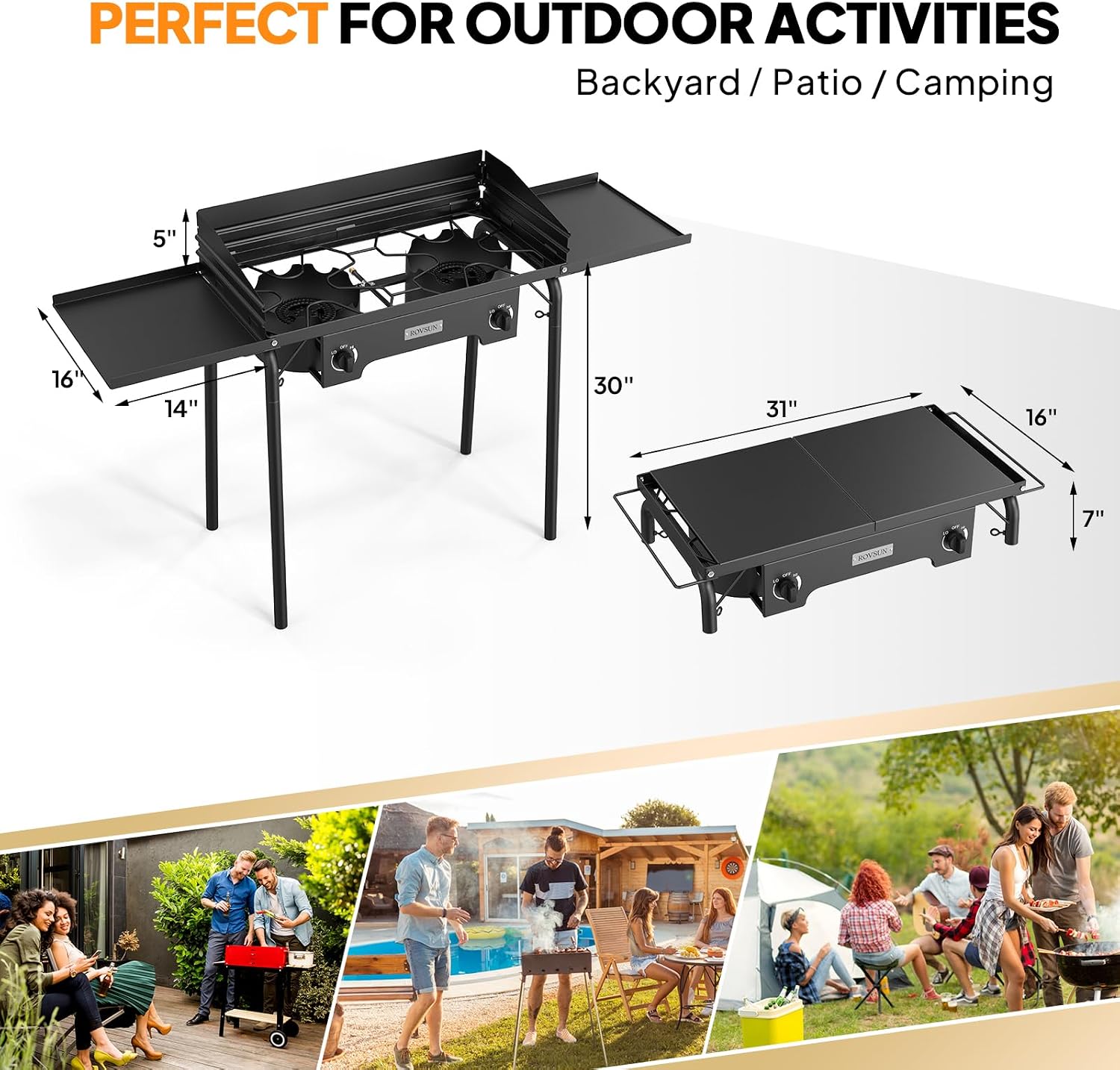 ROVSUN 2 Burner Outdoor Camping Stove with Wind Panel & Shelves, Heavy Sturdy Propane Burner, Gas Cooker with Detachable Legs & CSA Regulator for Home Camp Paito Cooking Frying Canning