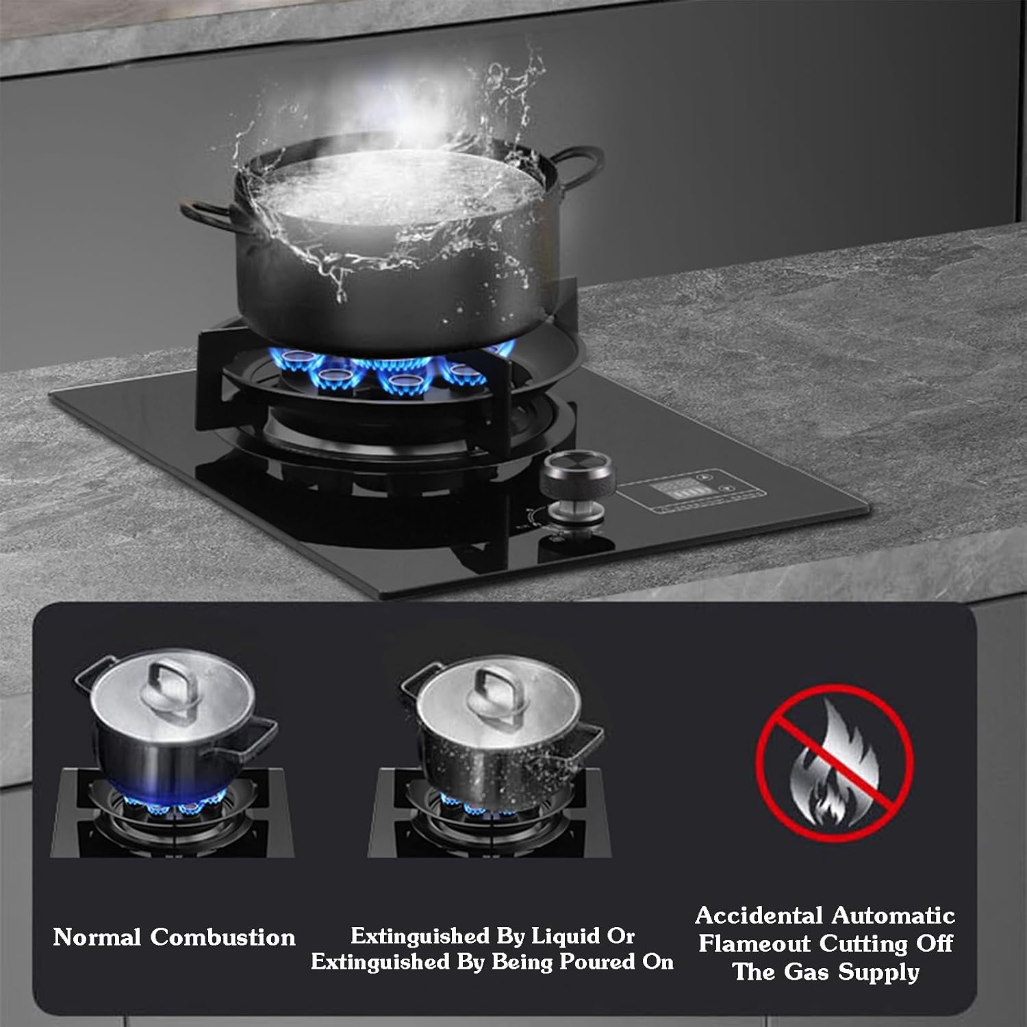 Gas Stove 1 Burner,5.2KW 9-Cavity Countertop Stove,Independent Timer Both Sides,Tempered Glass Cast Iron Pot Rack,NG/LPG Gas Source Kit(NG)