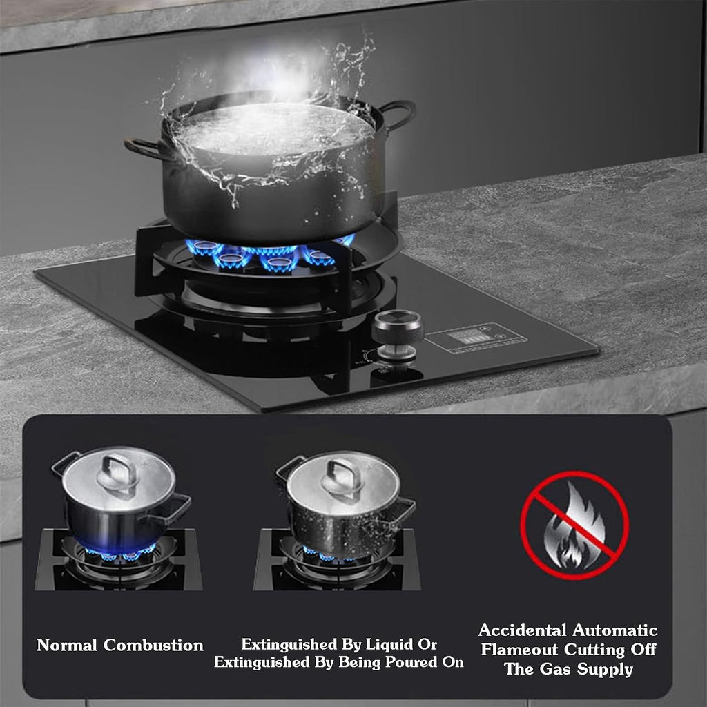 Gas Stove 1 Burner,5.2KW 9-Cavity Countertop Stove,Independent Timer Both Sides,Tempered Glass Cast Iron Pot Rack,NG/LPG Gas Source Kit(LPG)