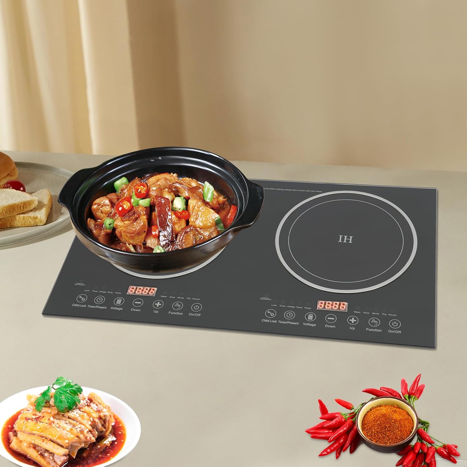 Portable Induction Cooker Cooktop Countertop Double Burner Independent Control, 1200W+1200W Low Noise Electric Cooktops 110V Induction Cooker Heater with 8 Gear Firepower for Kitchen Cooking