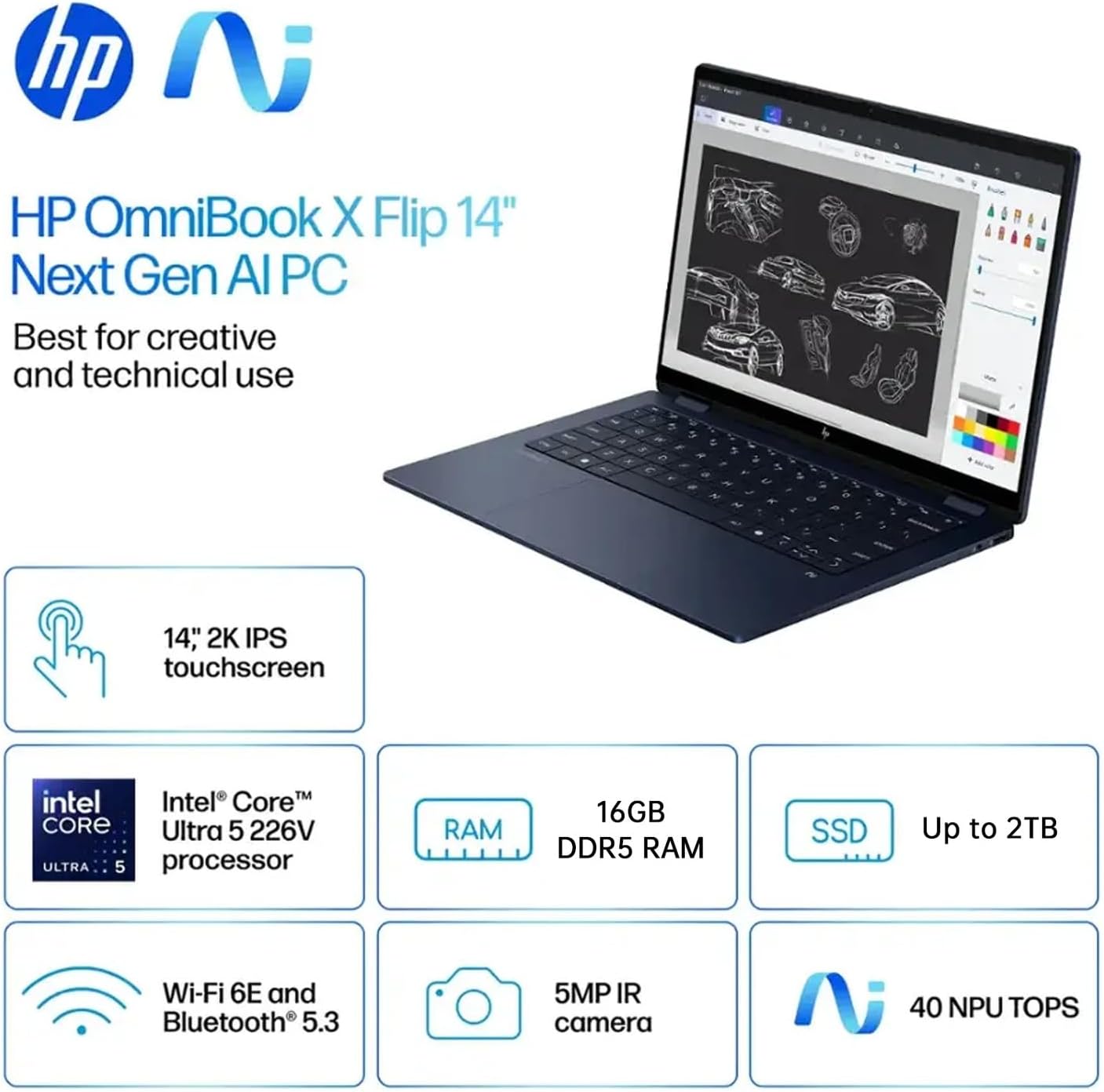HP OmniBook X Flip 14 2-in-1 Laptop, Laptop Touchscreen 14' WUXGA IPS, Intel 8-core Ultra 5 226V, Intel Arc 130V GPU, 16GB RAM 1TB SSD, Thunderbolt 4, Windows 11 for Designer Business Professional