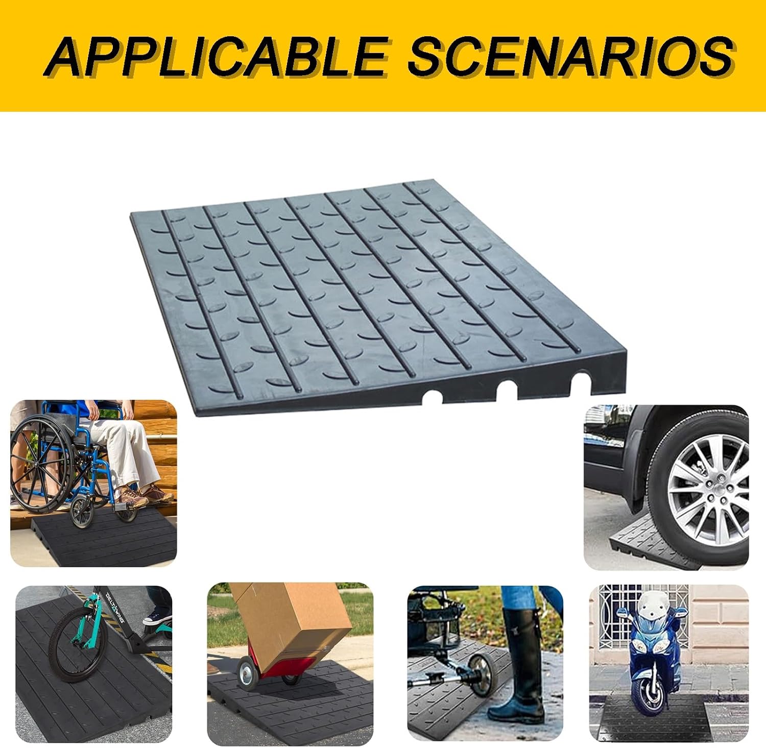 Curb Ramp Rubber 3' Rise Non-Slip Threshold Ramps with 3 Channels Cord Cover for Scooter Sweeping Carts in Doorways