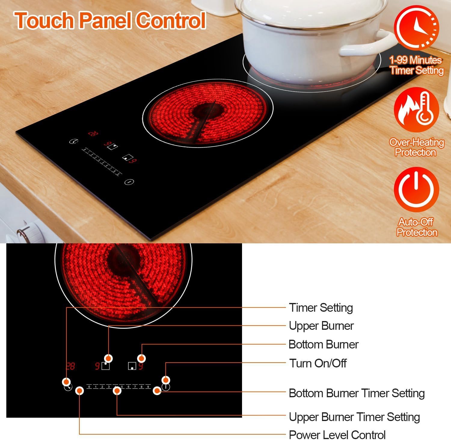 TeqHome 2 Burner Electric Cooktop, 1900W Plug in Radiant Electric Stove Top, 12' Built-in Ceramic Cooktop with Residual Heat Indicator, 9 Power Levels,Touch Control,Timer,Overheat Protection,110V-120V