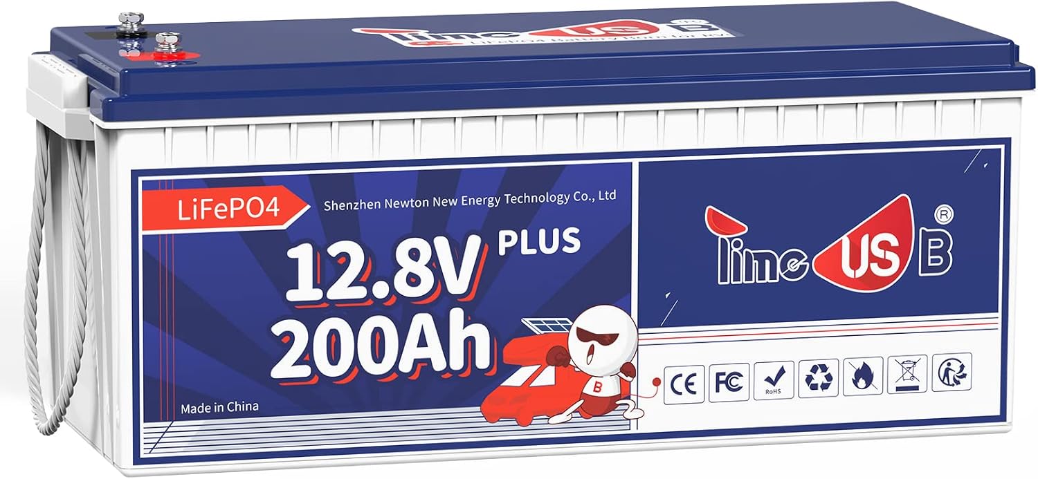 Timeusb 12V 200Ah Plus LiFePO4 Battery, Built-in 200A BMS, Deep Cycle Battery with Max 2560W Output Power, Perfect for Your RVs, Solar System, Off-grid, Travel Trailer, etc