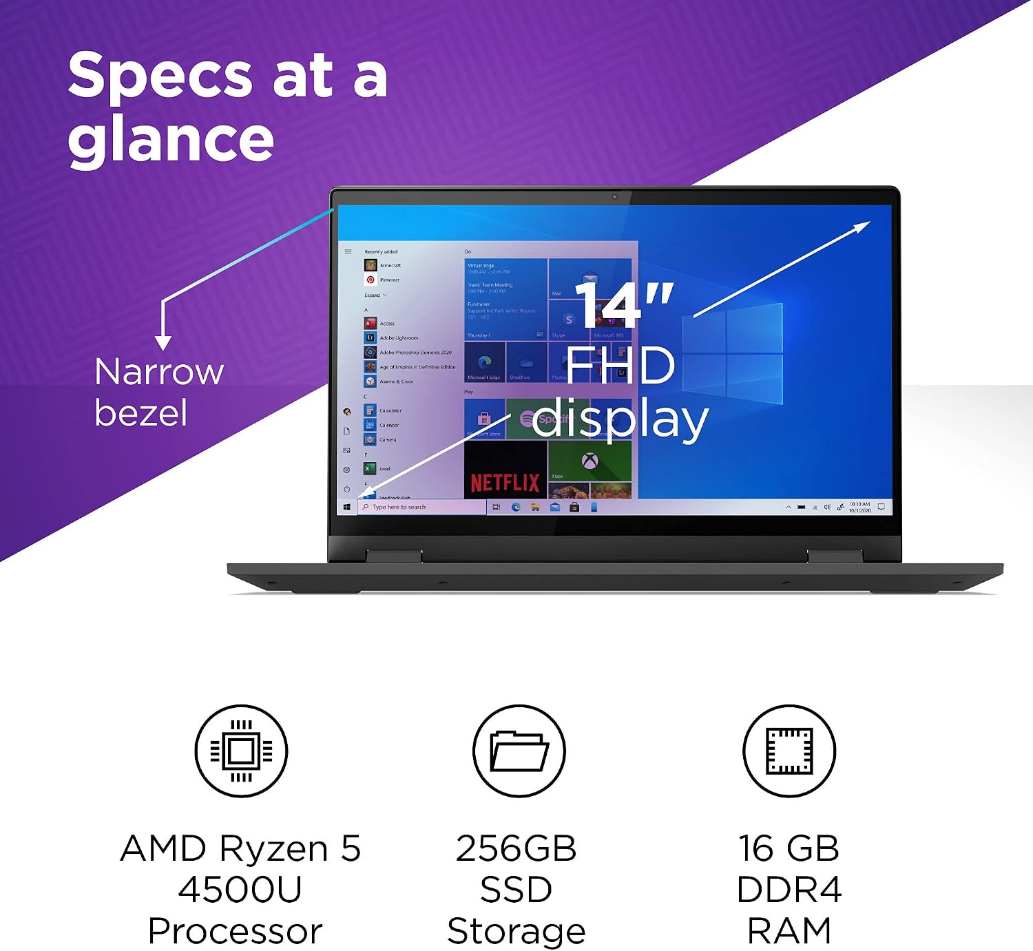 Lenovo Flex 5 Laptop, 14.0' FHD Touch Display, AMD Ryzen 5 5500U, 16GB RAM, 256GB Storage, AMD Radeon Graphics, Windows 11 Home, Graphite Grey