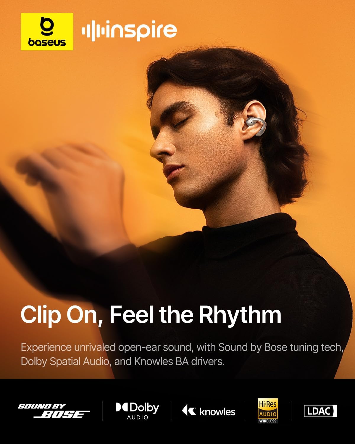 Baseus Inspire XC1 Open Ear Clip-On Earbuds, Sound by Bose, Dolby Audio, Adaptive Tunning Sound, Hybrid 2-Way Driver, Zero-Sense Air Cushion, 4-Mic Adaptive Clear Calls, IP66 Waterproof, 40H Playtime