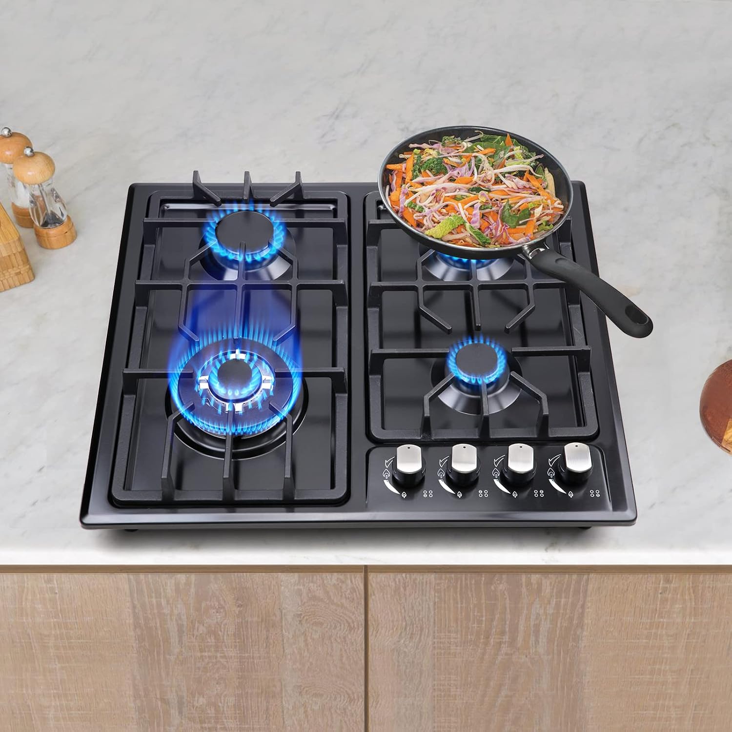 FORIMO Gas Cooktop 22Inch，Built in Gas Cooktop 4 Burners Stainless Steel Stove with NG/LPG Conversion Kit Thermocouple Protection and Easy to Clean