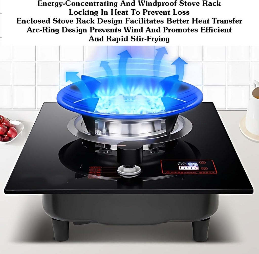 Gas Cooktop 1 Burner,Stainless Steel Countertop Stove,5.2kw 9-Cavity High-fire Timer,Black Tempered Glass,with Flameout Protection,for Home Kitchen(LPG)
