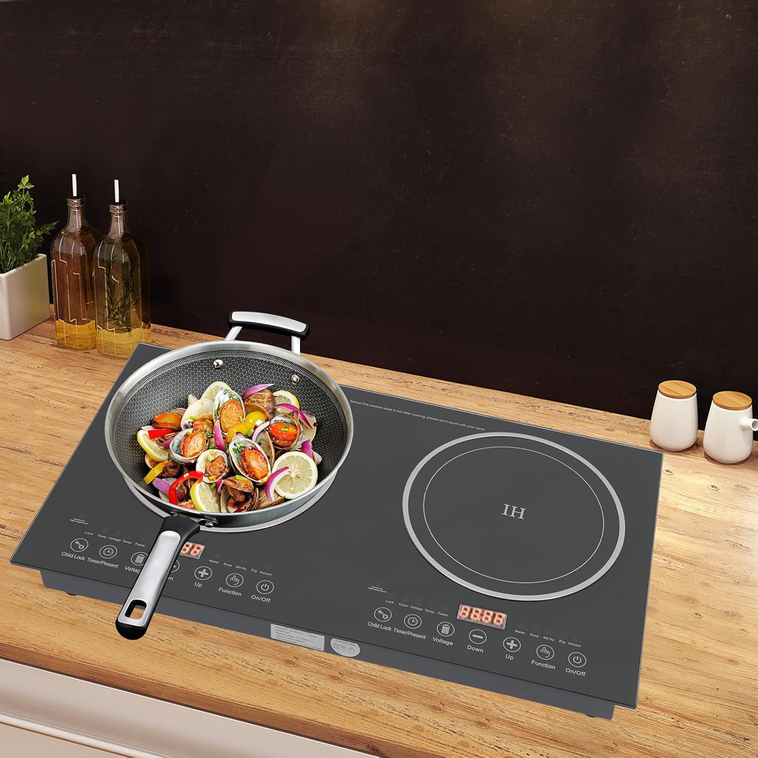 Portable Induction Cooker Cooktop Countertop Double Burner Independent Control, 1200W+1200W Low Noise Electric Cooktops 110V Induction Cooker Heater with 8 Gear Firepower for Kitchen Cooking