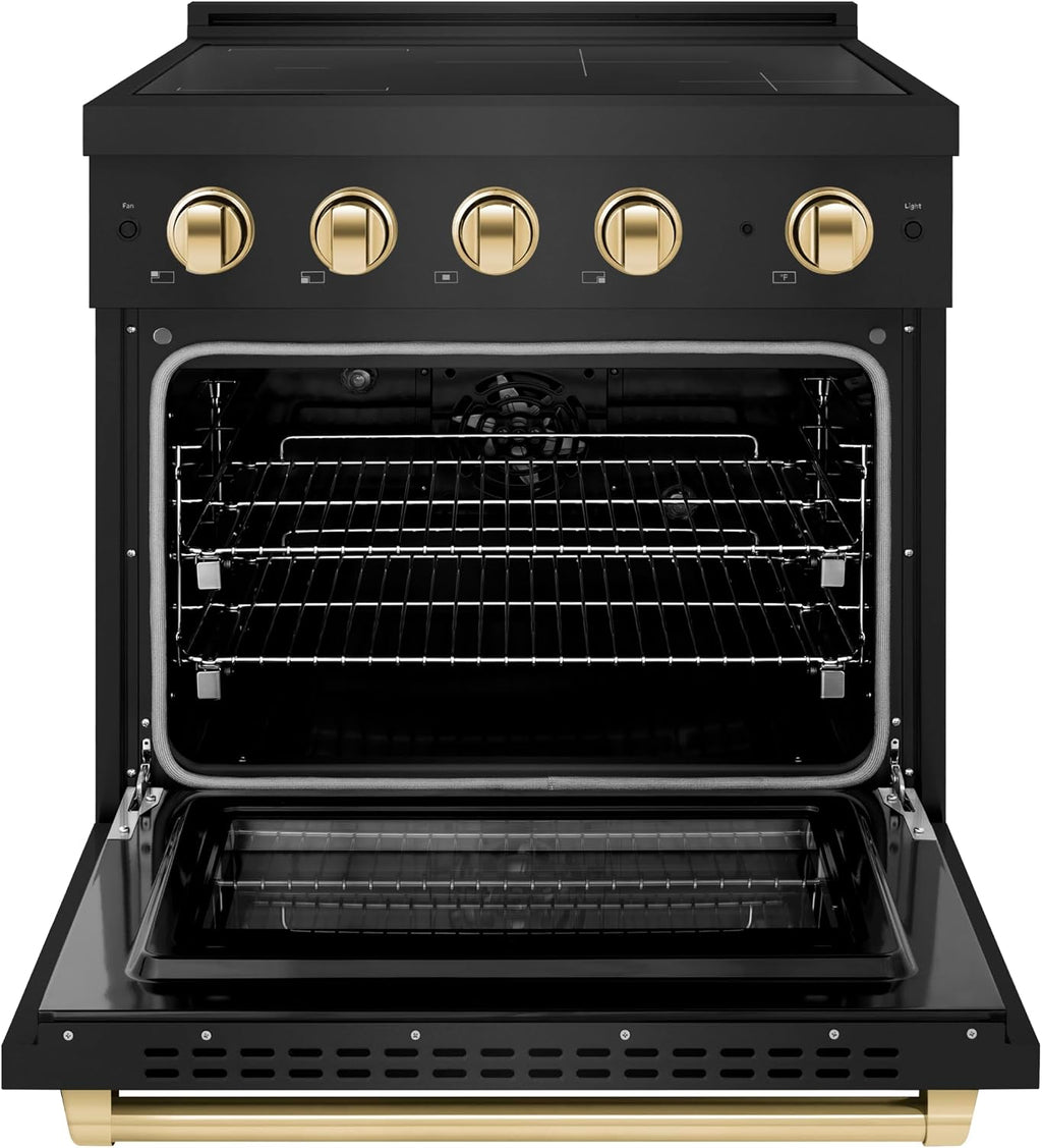 ZLINE Autograph Edition 30 in. 4.2 cu. ft. Paramount Induction Range with 4 Element Cooktop and Electric Convection Oven in Black Stainless Steel with Polished Gold Accents (SINRBZ-30-G)