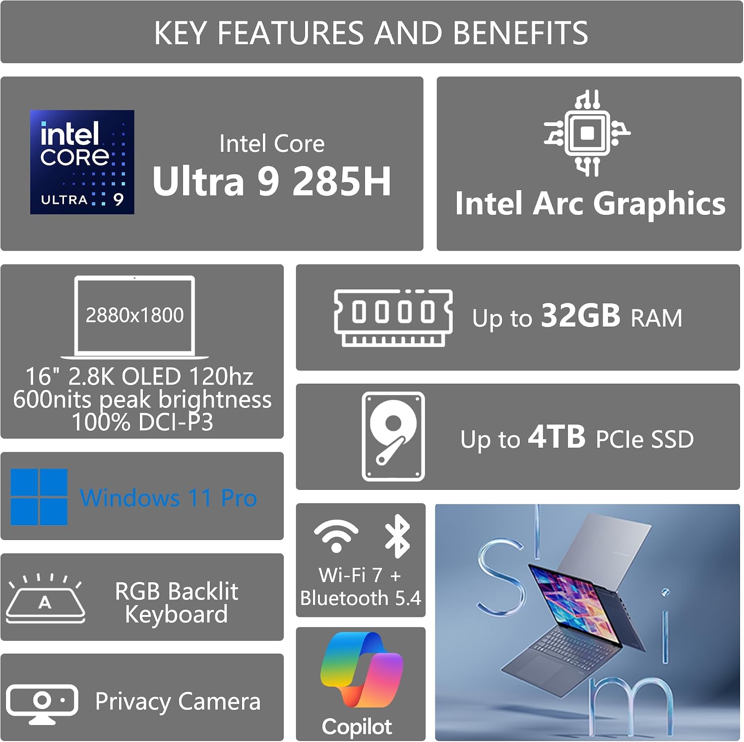 ASUS Vivobook S16 AI PC Laptop | 16' 2.8k OLED 120Hz | Intel Core Ultra 9 285H | 32GB DDR5 1TB SSD | RGB Backlit for Creator Designer Business Professional Win11 Pro w/DLCA Accessory