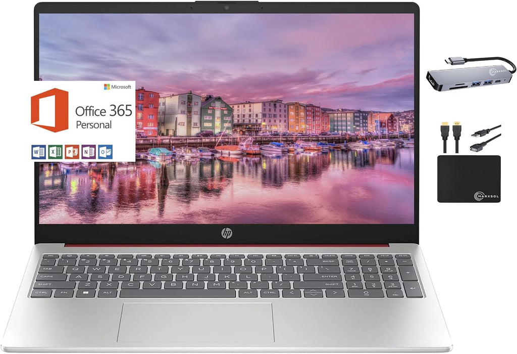 HP Laptop Computer 2024, 15.6' HD Display, Quad-Core Intel Processor N200, 8GB RAM, 384GB Storage (128GB UFS + 256GB Card), WiFi, Webcam, 1 Year Office 365, Long Battery, Win 11S+MarxsolAccessory Red
