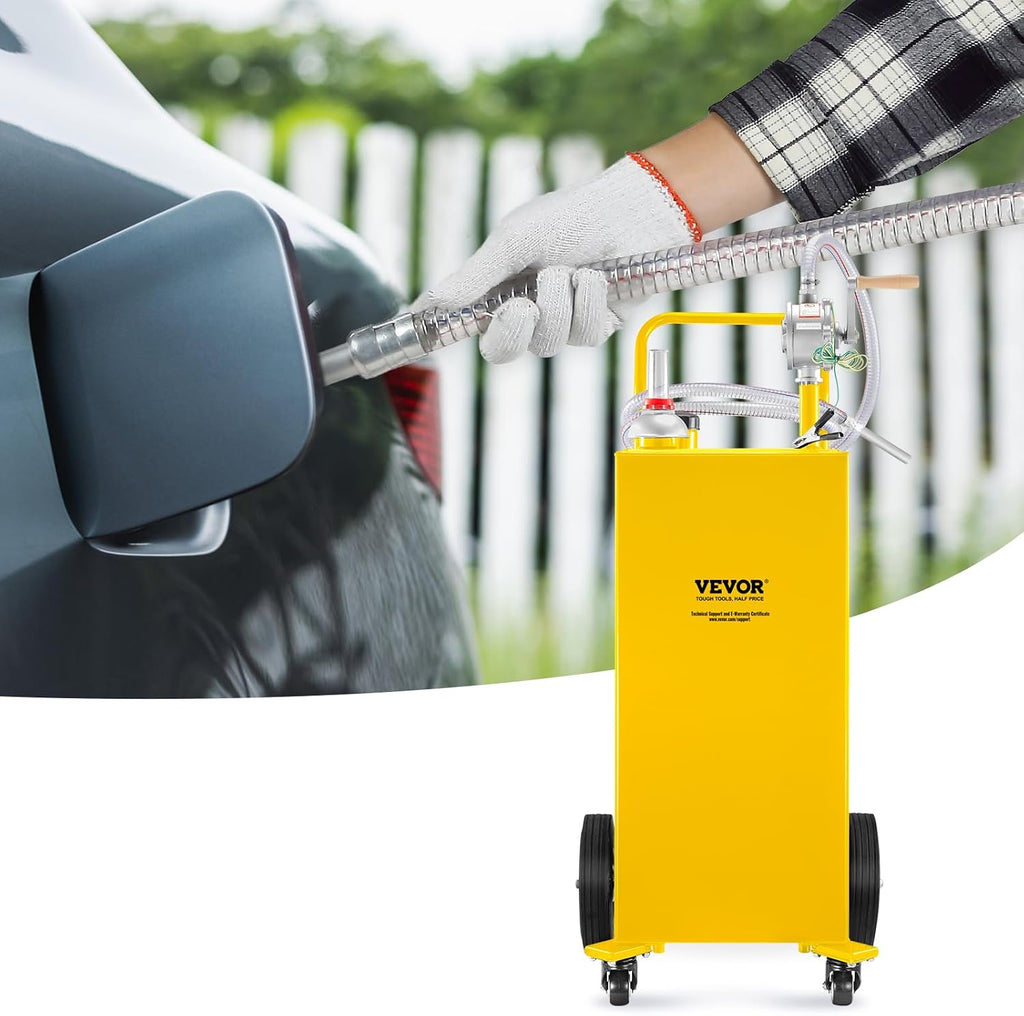 VEVOR 30 Gallon Fuel Caddy, Gas Storage Tank & 4 Wheels, with Manual Transfer Pump, Gasoline Diesel Fuel Container for Cars, Lawn Mowers, ATVs, Boats, More, Yellow