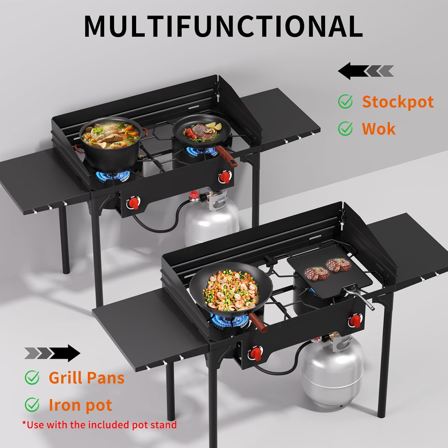 SKOK 2 Burners Camping Propane Stove with Wind Panel&Side Shelves, Portable Gas Stove, Outdoor Stove for Camping, Backyard, Picnic
