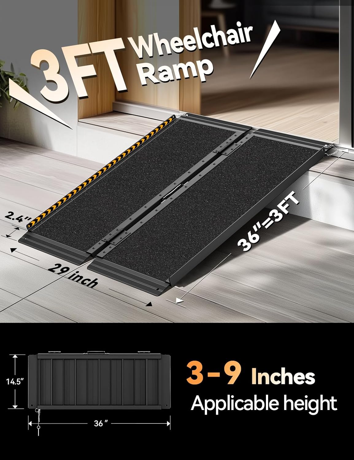 FACHNUO 3FT Wheelchair Ramp for Threshold 3-9 inches, Safe Use at Night Portable Threshold Ramps for Doorways, 800LBS Capacity, Non-Slip Durable Aluminum Alloy Folding Handicap Ramp for Home Steps