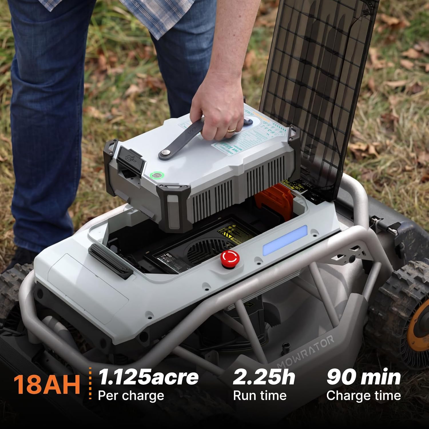Mowrator S1 4WD 18Ah Remote Control Lawn Mower with Deformable Tires, All-Season Yard Care, 100% (45°) Slope Climbing, with Leaf Shredding Vacuum, 21' Width, 1.5–4.3' Cutting Height, Up to 1.12 Acres