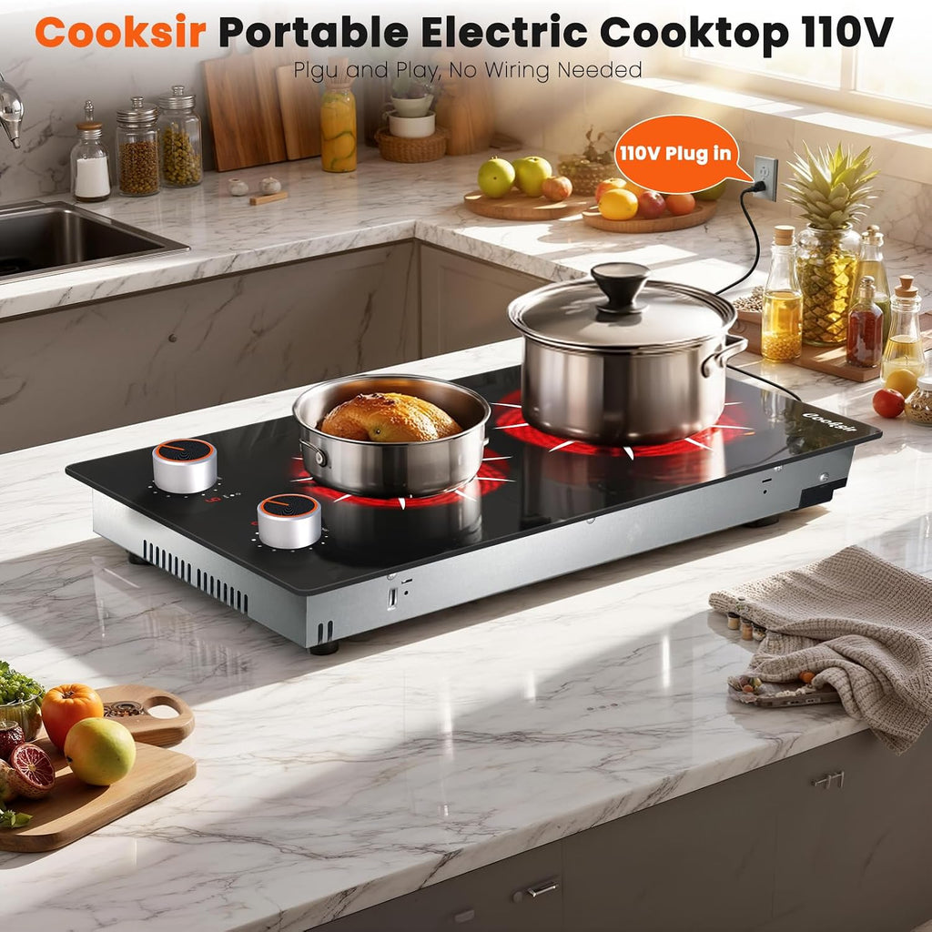 Electric Cooktop 2 Burner - 12 Inch 2000W Electric Stove Built-in & Countertop, Two Burner Ceramic Cooktop with Knob Control, 9 Power Level, Over Heat Protection, 110-120V Plug in (Red Konb)