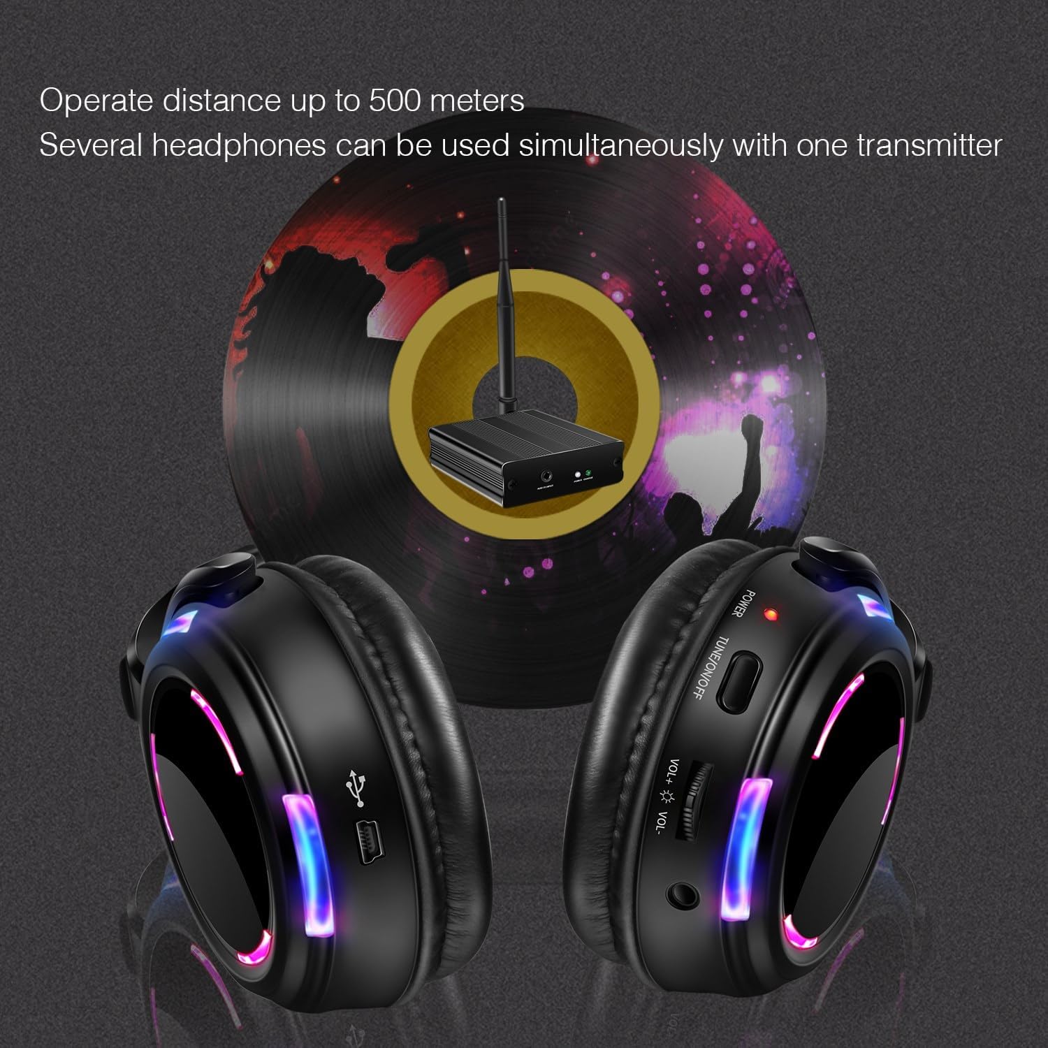 Professional Silent Disco LED Wireless Headphones and RF LED Silent Disco Earphones for iPod MP3 DJ Music Pary Club (30 led Headphone + 1 Transmitter)