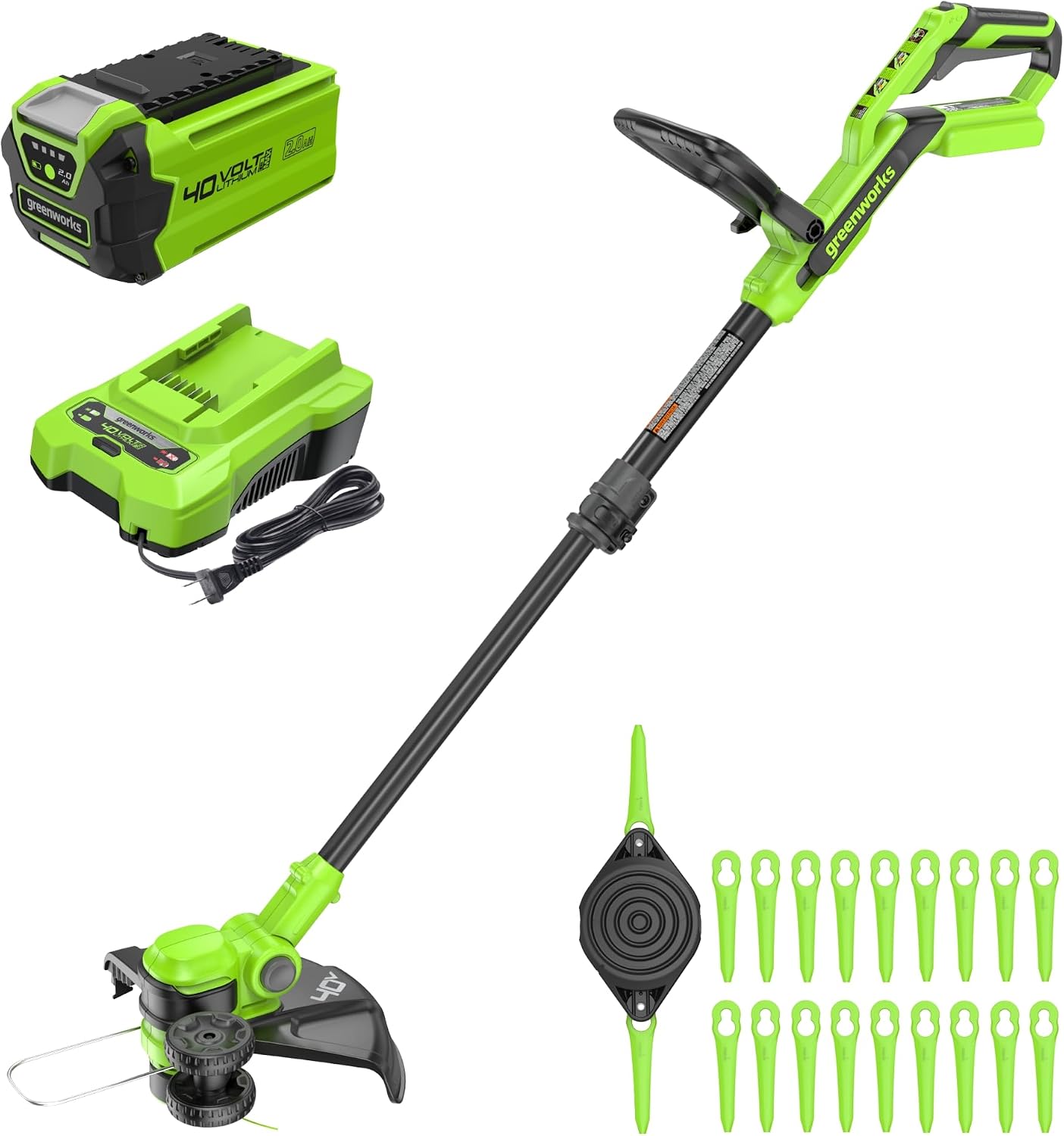Greenworks 40V 13' Cordless String Trimmer/Weed Wacker + Edger (Includes 20 Blades), 2.0Ah Battery and Charger Included