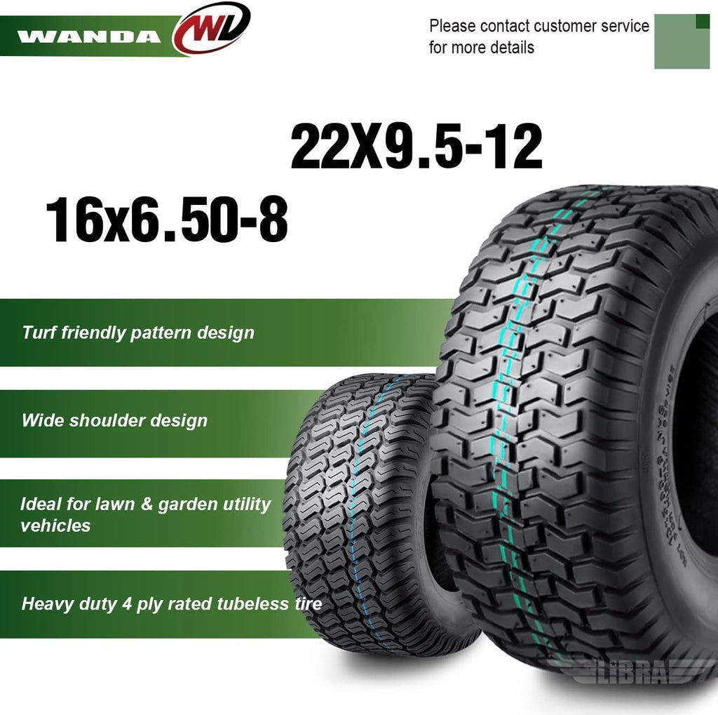 WANDA Set 4 16X6.5-8 & 22X9.5-12 Lawn Mower Tractor Cart Turf Tires 4 Ply-13019/13135