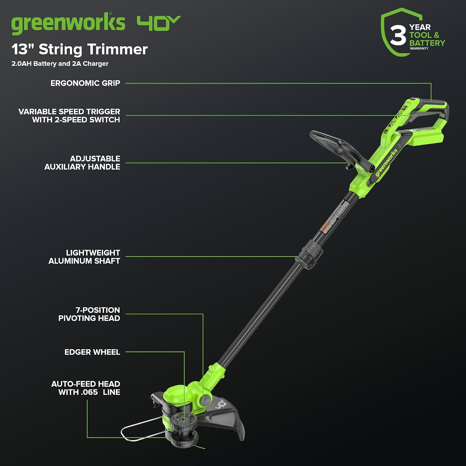 Greenworks 40V 13' Cordless String Trimmer/Weed Wacker + Edger (Includes 20 Blades), 2.0Ah Battery and Charger Included