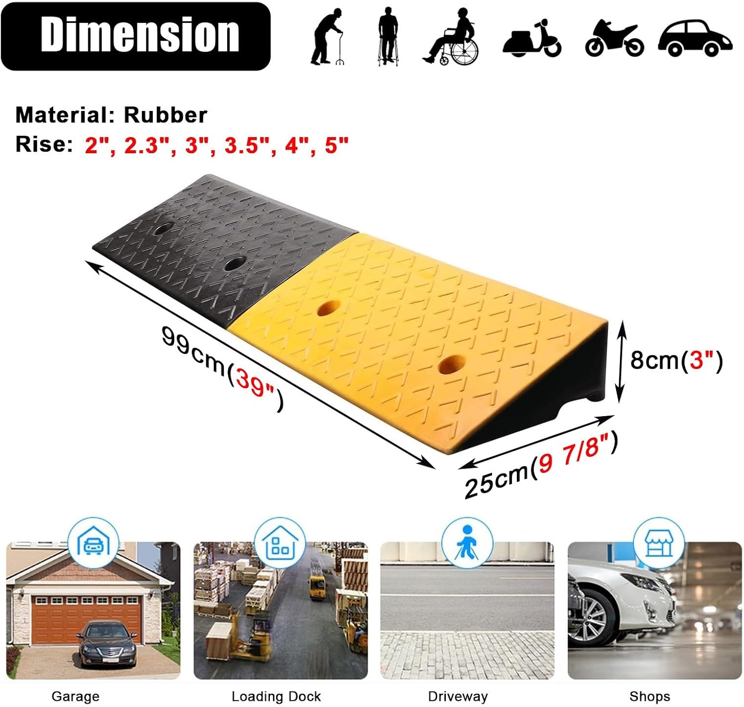 2'/ 2.3'/ 3'/ 3.5'/ 4'/ 5' Rise Rubber Curb Ramp for Driveway, Heavy Duty Car Wheelchairs Slope Kerb Ramps with Screws, Non-Skid Threshold Ramp (Size : 3 inch Rise)