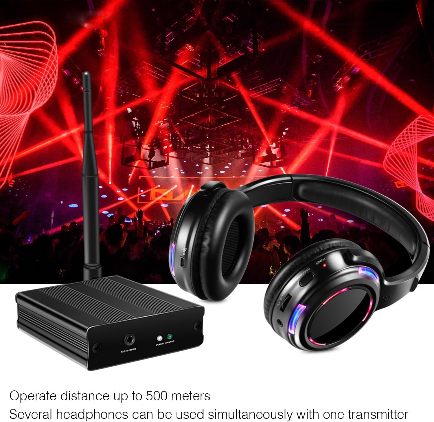 Professional Silent Disco LED Wireless Headphones and RF LED Silent Disco Earphones for iPod MP3 DJ Music Pary Club (2 led Headphone + 1 Transmitter)