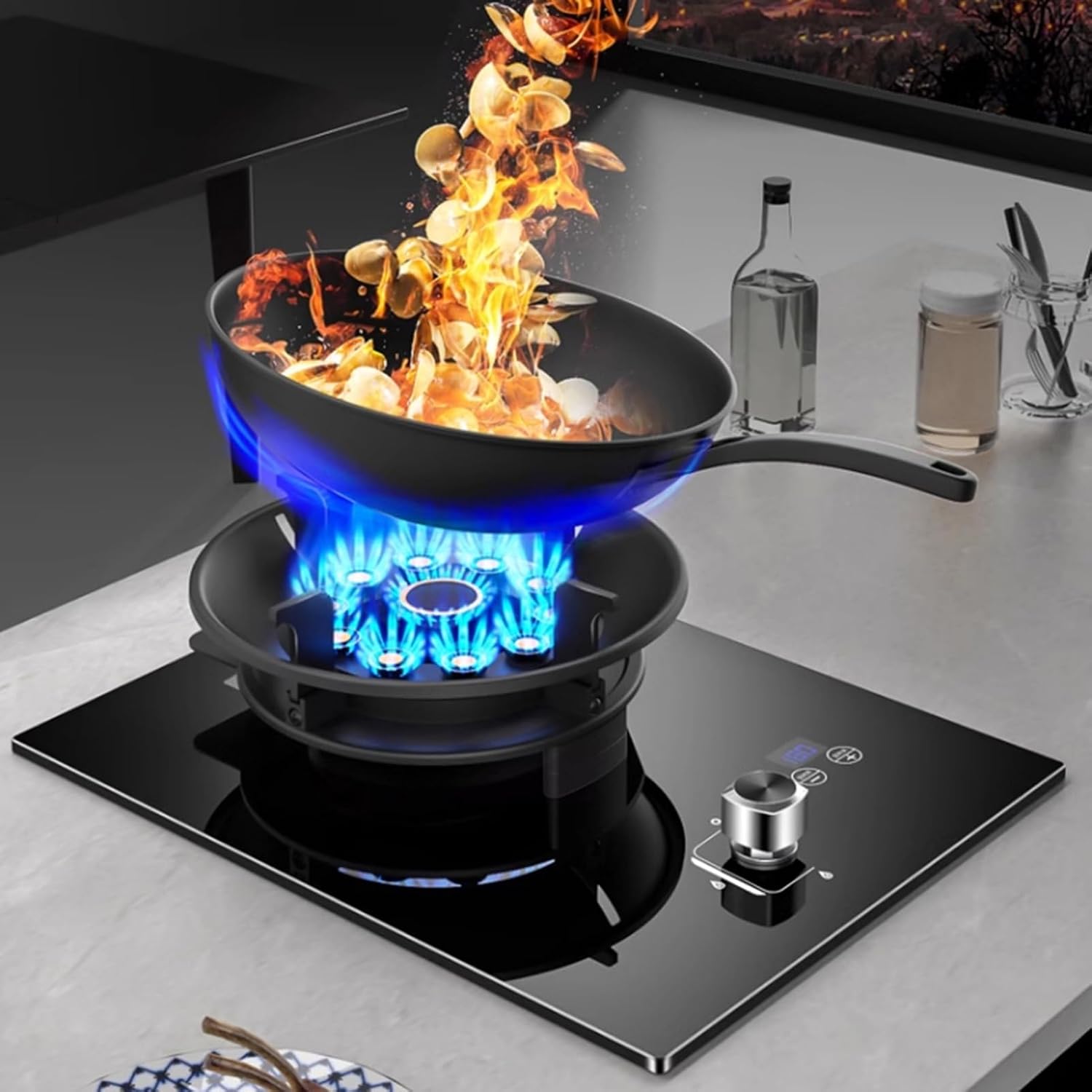 Gas Stove 1 Burner,5.2KW Nine-Cavity High-Fire Timer,Tempered Glass Cast Iron Pot Rack,Natural Gas/Liquefied Gas Conversion Stove,with Flameout Protection(NG)